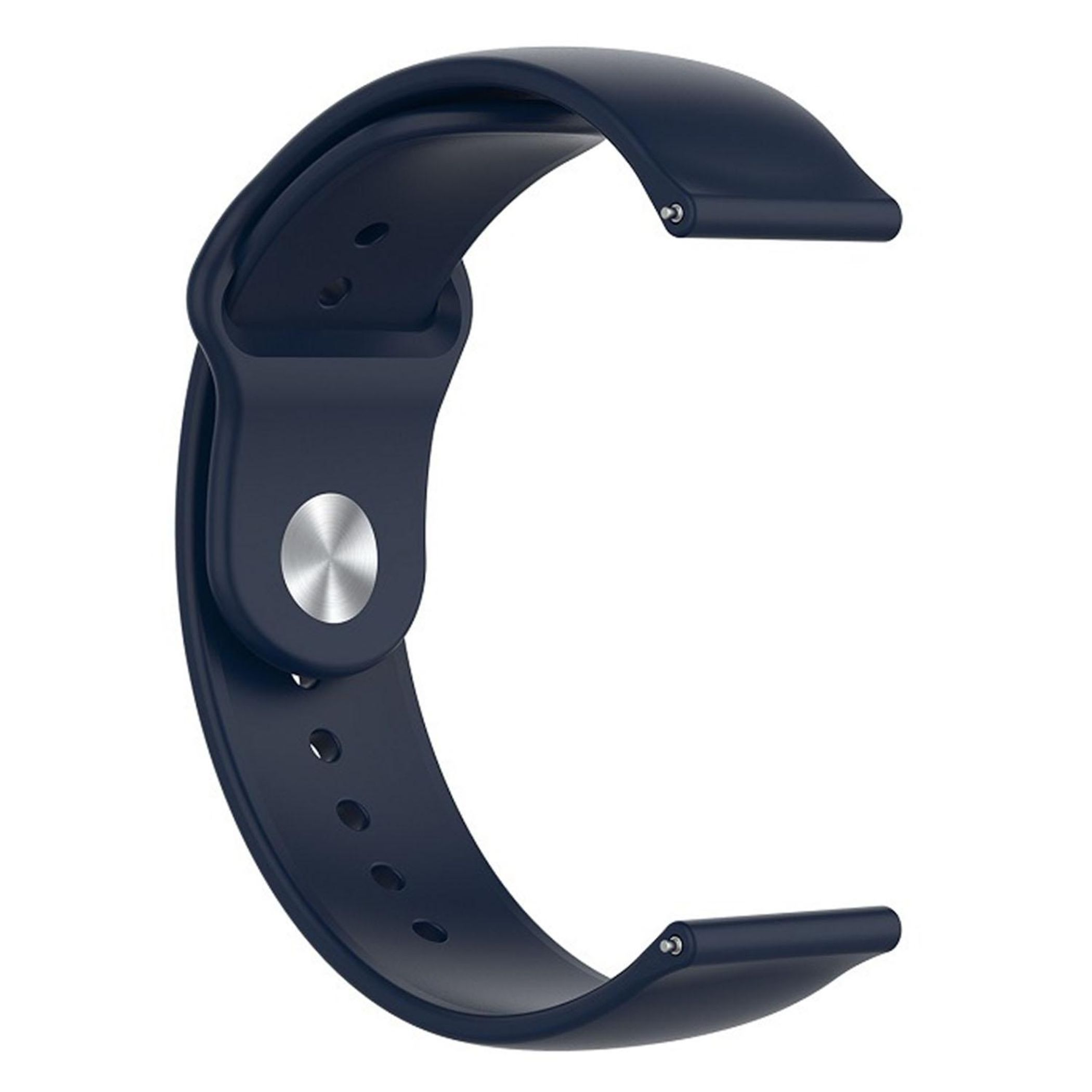 Dunkelblauer Uhrenarmband aus Silikon mit silbernem Knopf und Löchern.