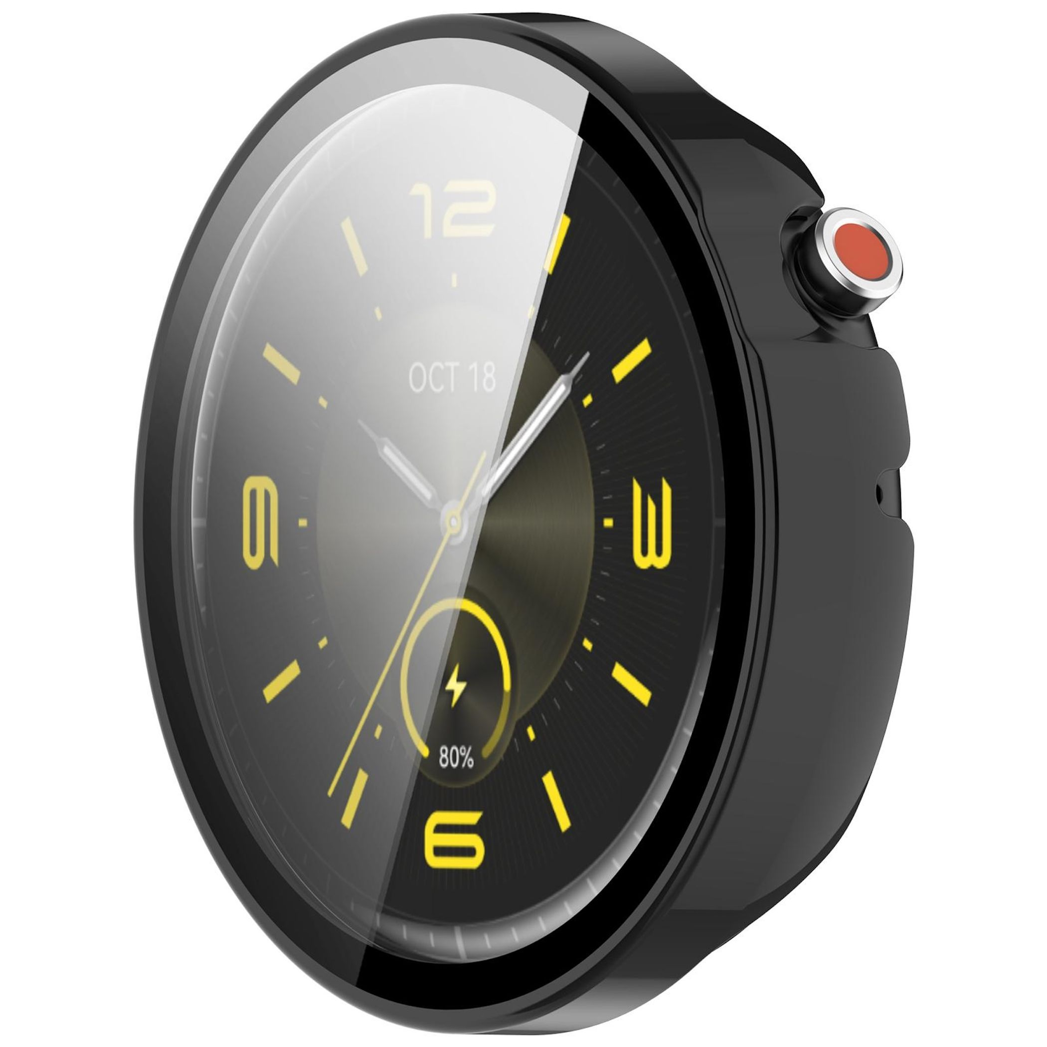 Uno smartwatch nero con quadrante rotondo e indicatori gialli.