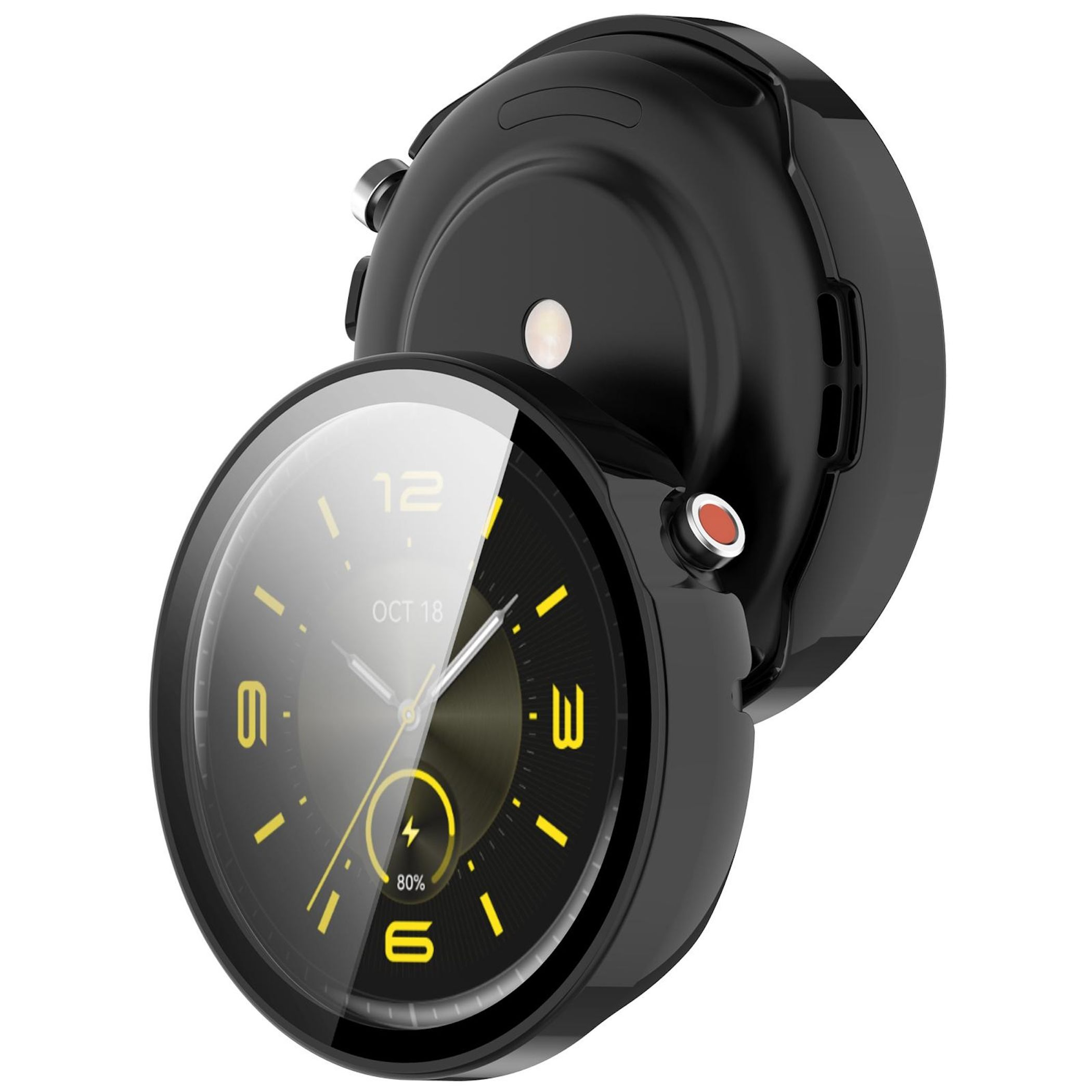 Smartwatch nero con quadrante rotondo e accenti gialli.