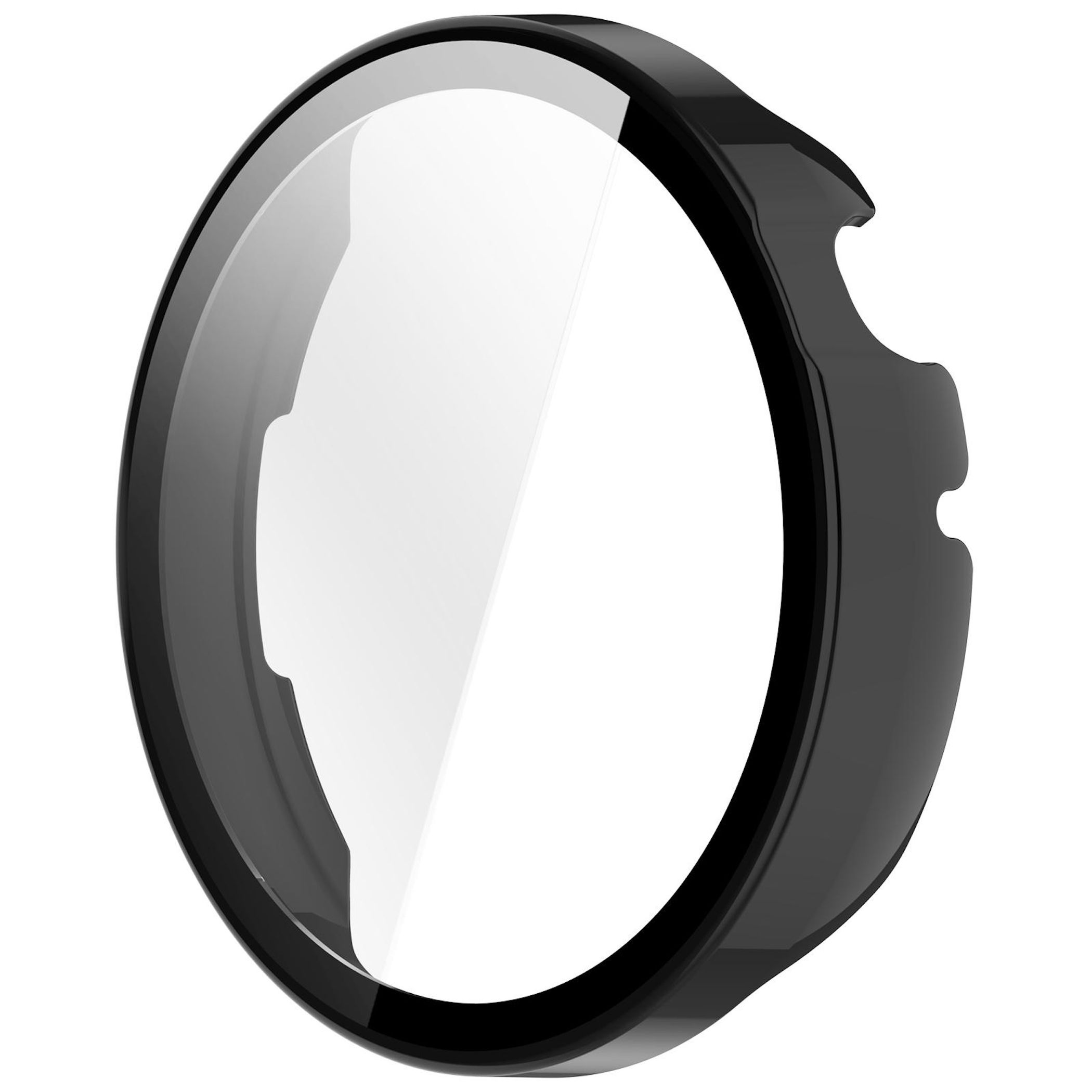 Una custodia protettiva nera per smartwatch con coprischermo trasparente.