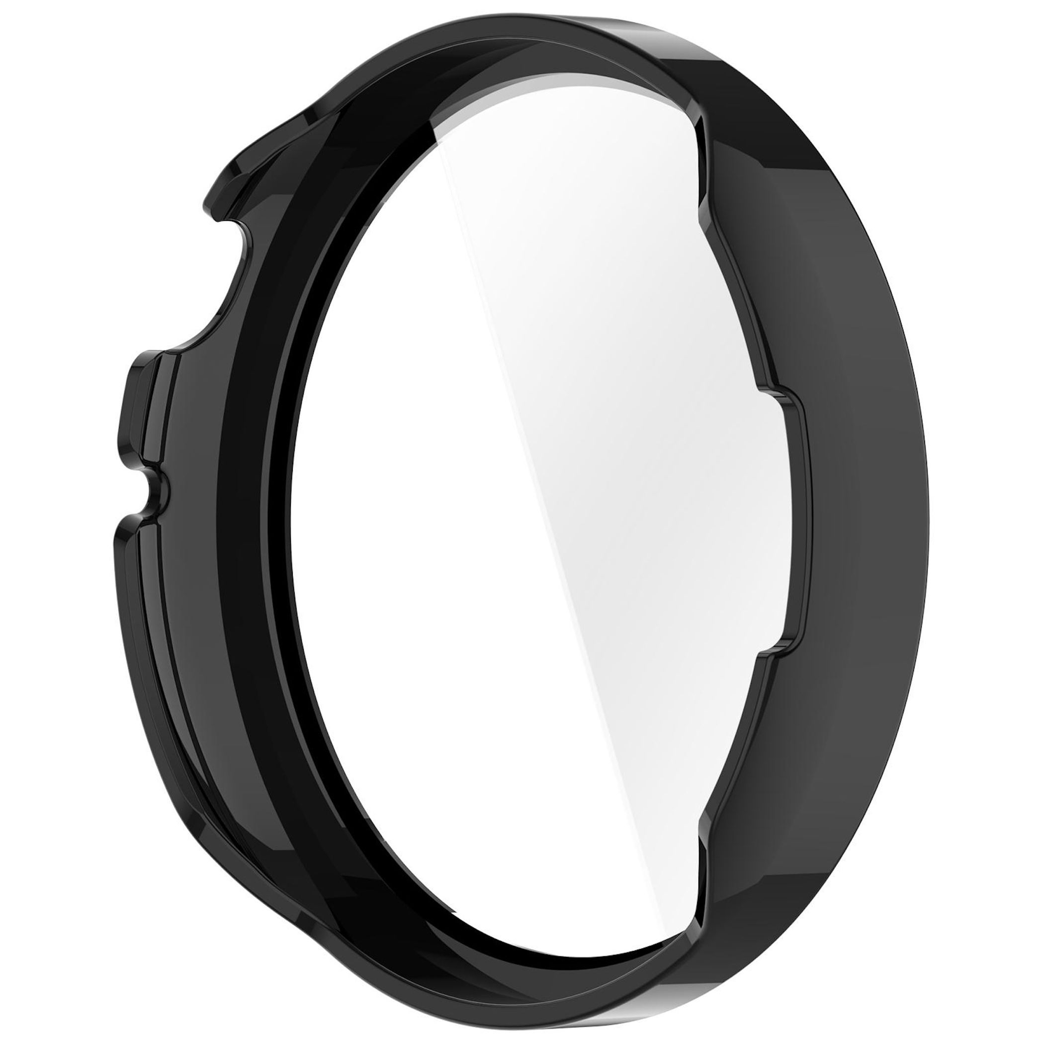 Una custodia protettiva nera per orologio con inserto trasparente su sfondo bianco.