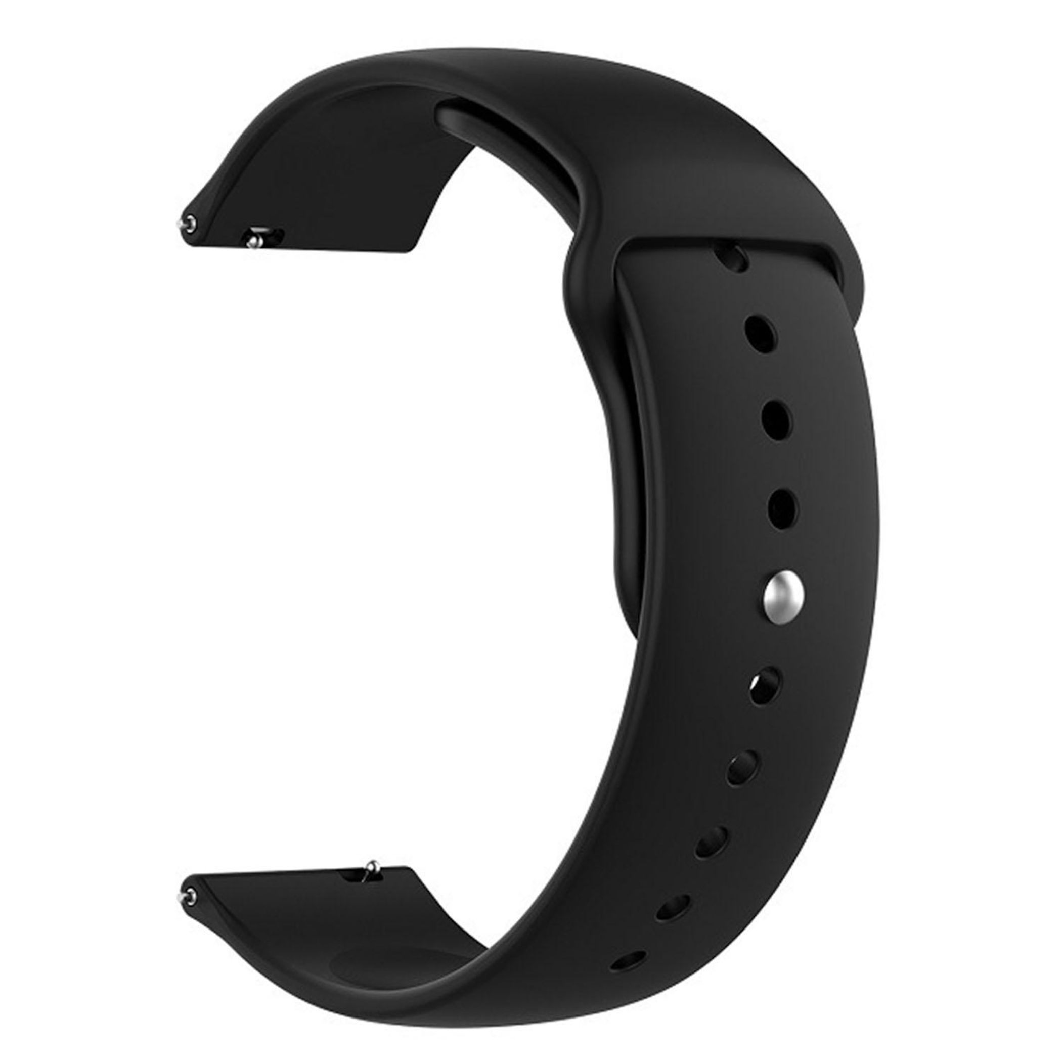Ein schwarzes Uhrenarmband mit Lochmuster und einem silbernen Stift.