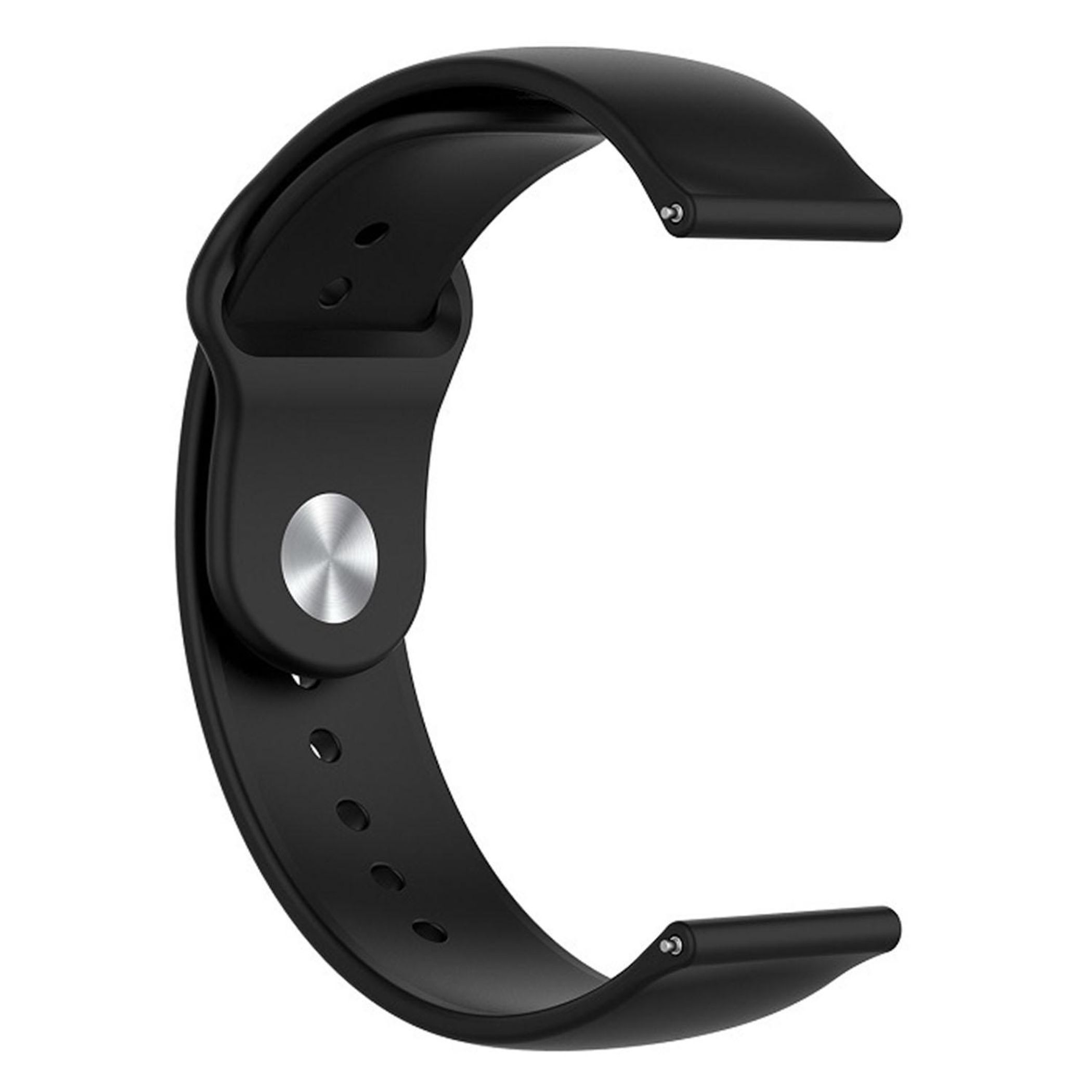 Ein schwarzes Uhrenarmband mit silbernem Knopf und Löchern.
