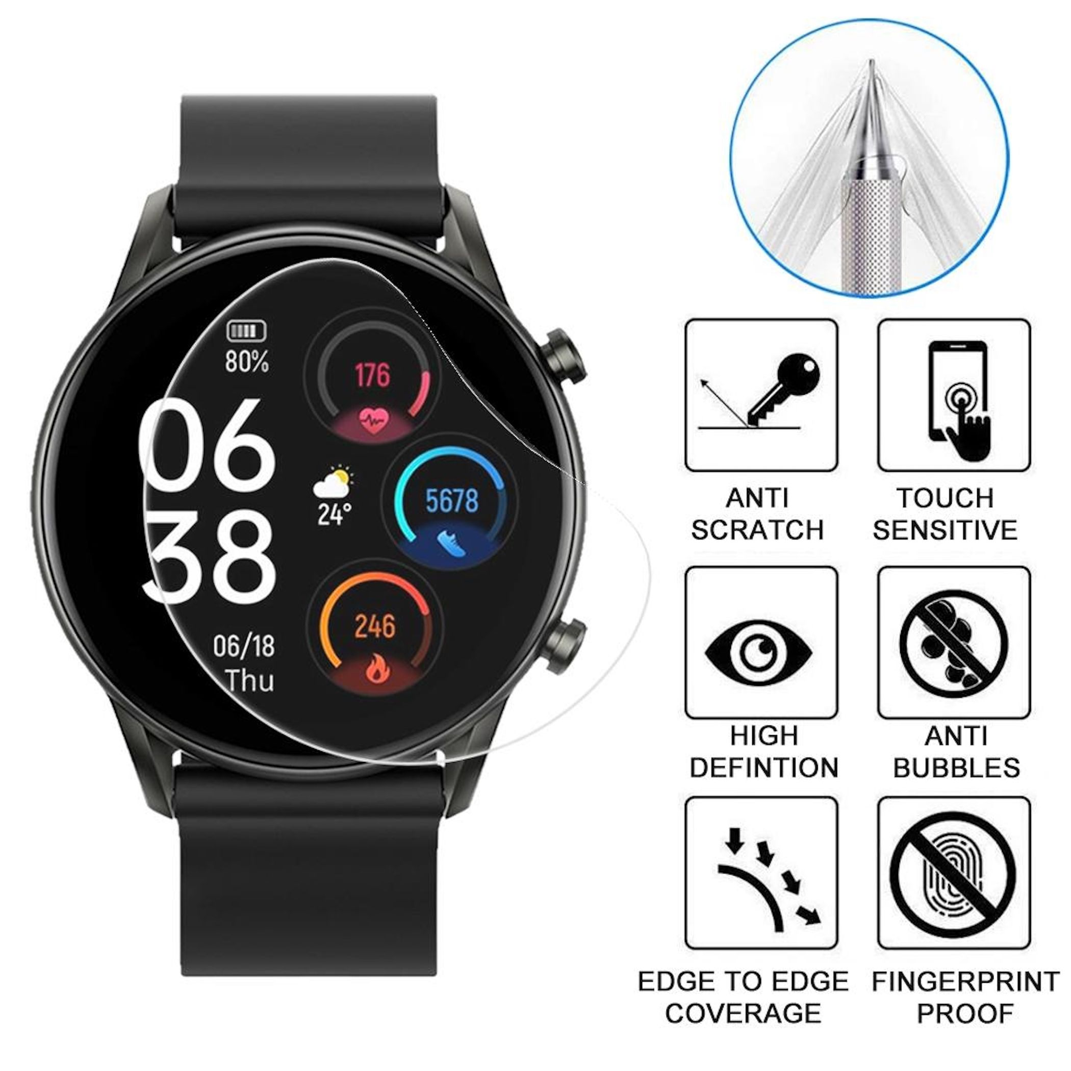 Orologio smart mostra ora 06:38, batteria 80% e statistiche salute. Icone mostrano funzioni.