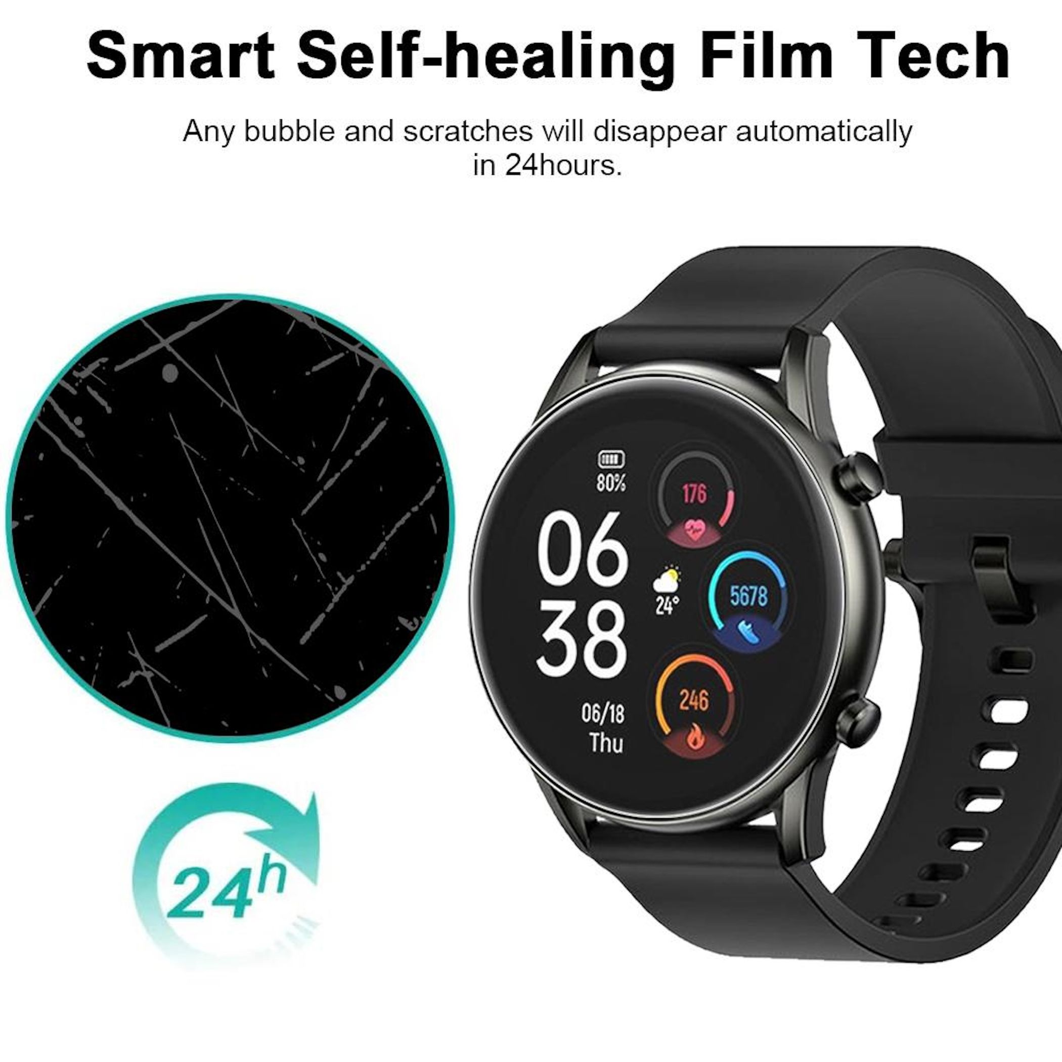 Smartwatch con pellicola protettiva graffiata, schermo funzionante e icona 24h.