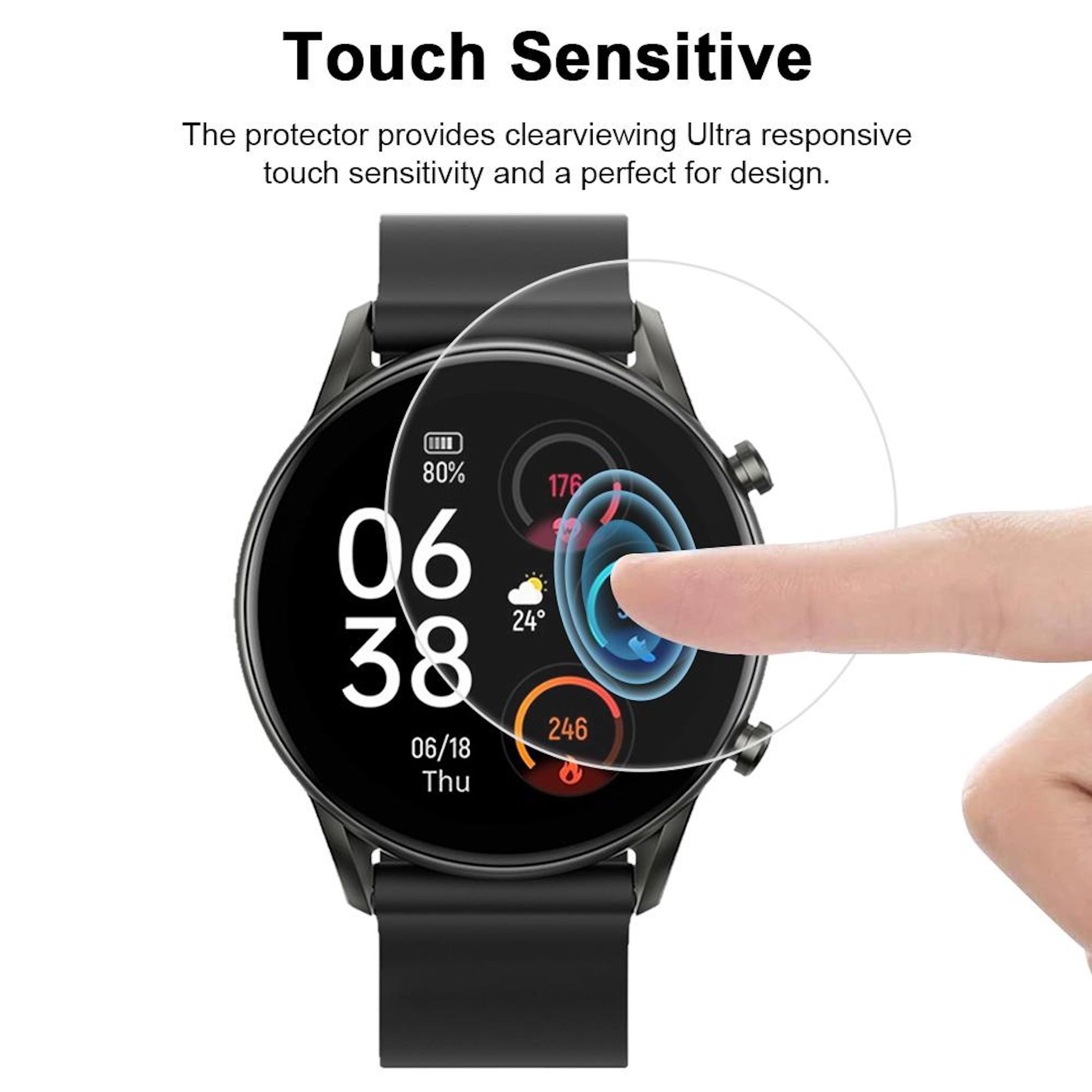 Un dito tocca lo schermo di uno smartwatch che mostra l'ora 06:38, l'80% di batteria e il meteo.