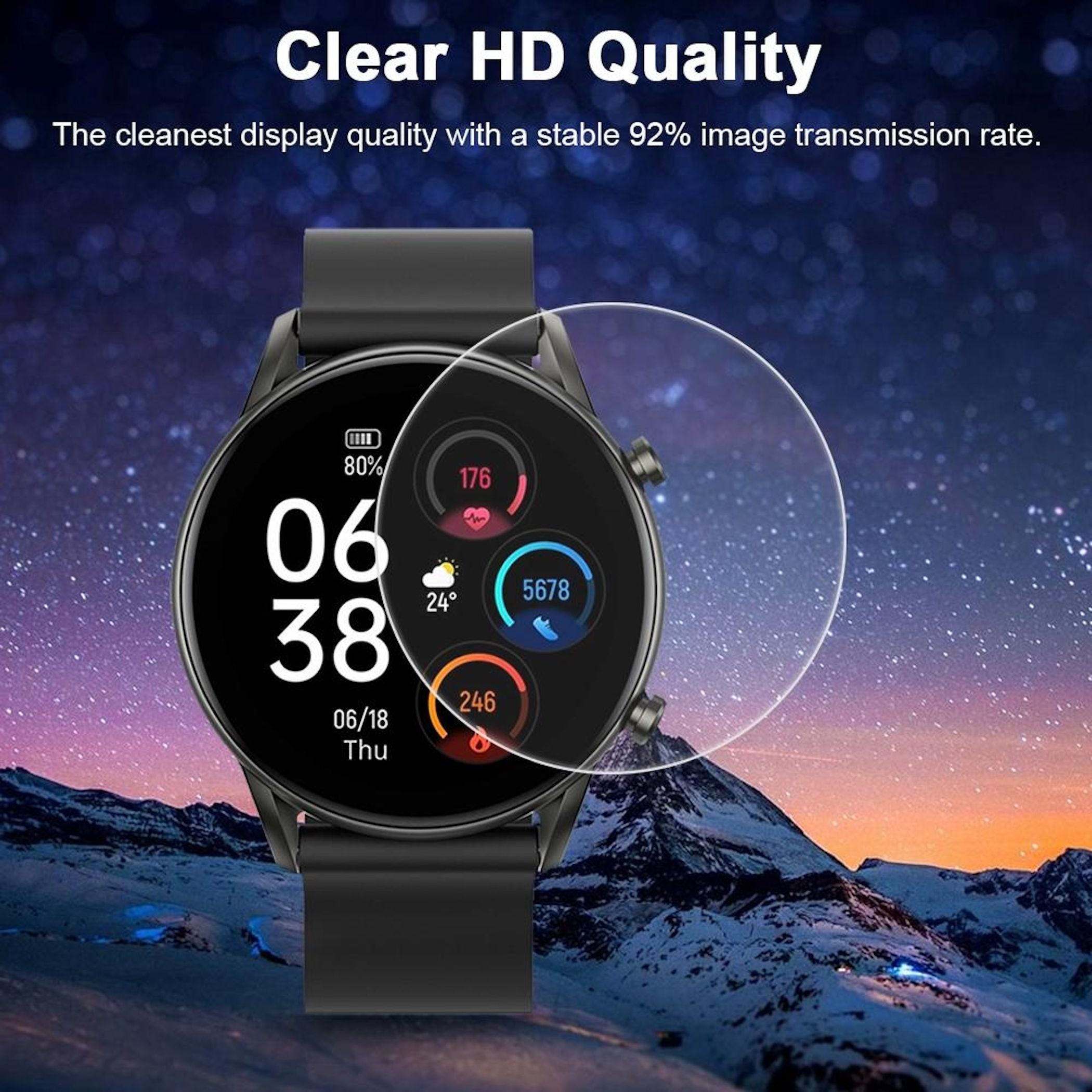 Uno smartwatch mostra ora, data e dati sanitari su sfondo di montagne e cielo stellato.