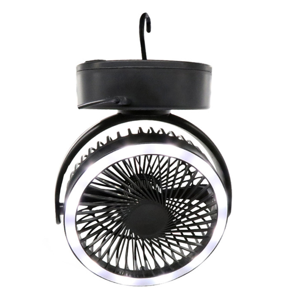 Schwarzer Campingventilator mit Haken und LED-Ring.