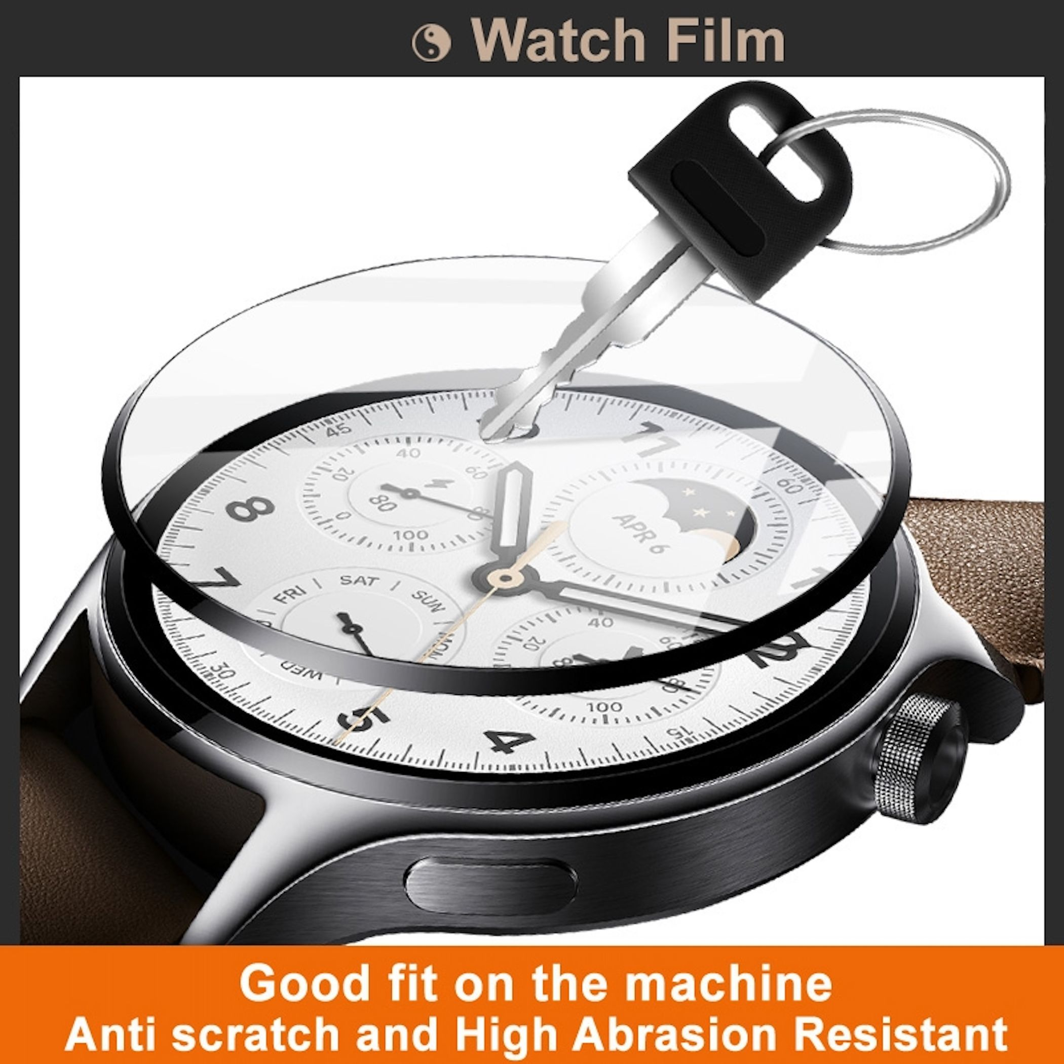 Ein Schlüssel berührt eine Smartwatch mit Zifferblatt und Mondphasenanzeige.