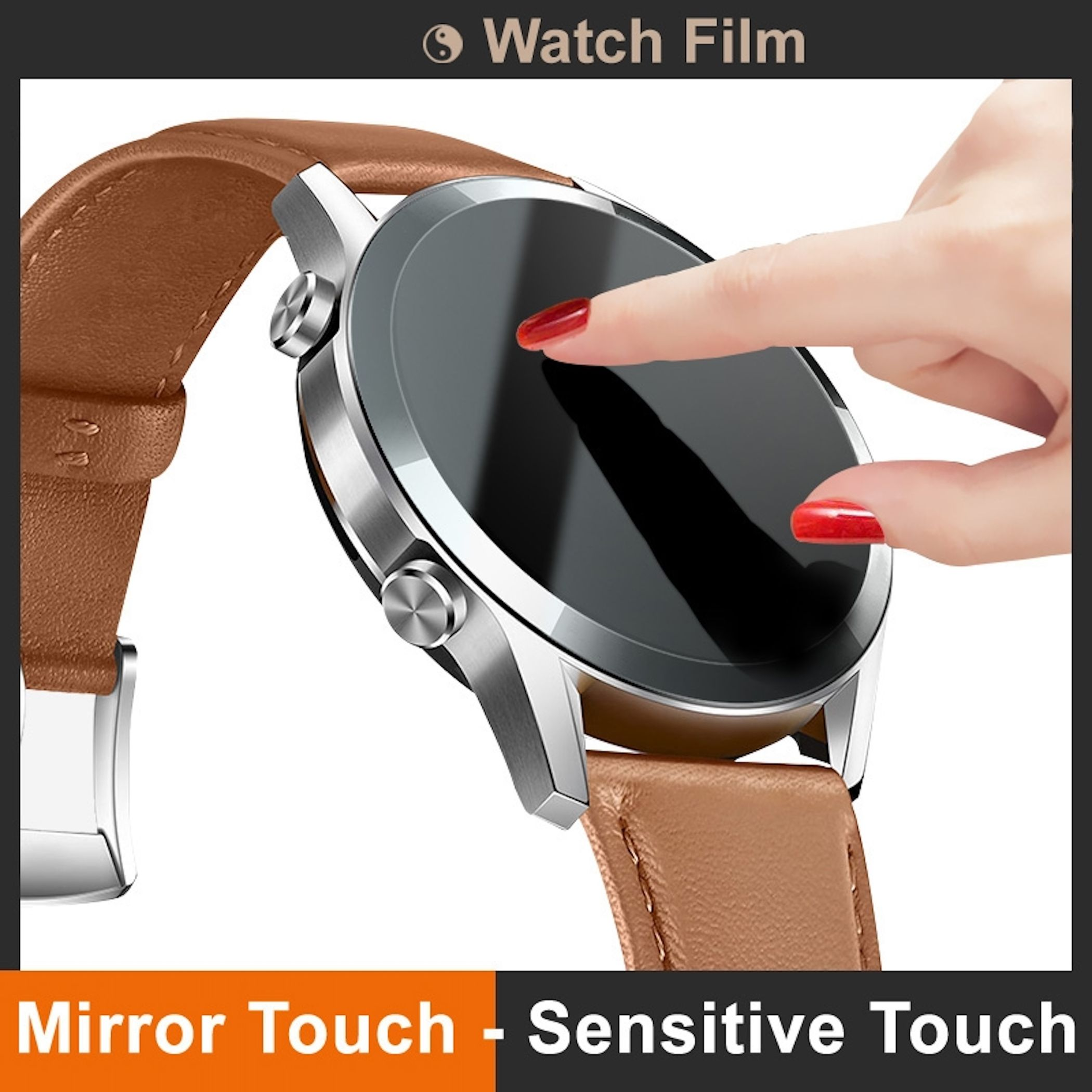 Eine Hand mit rotem Nagellack berührt den Bildschirm einer Smartwatch mit braunem Lederarmband.