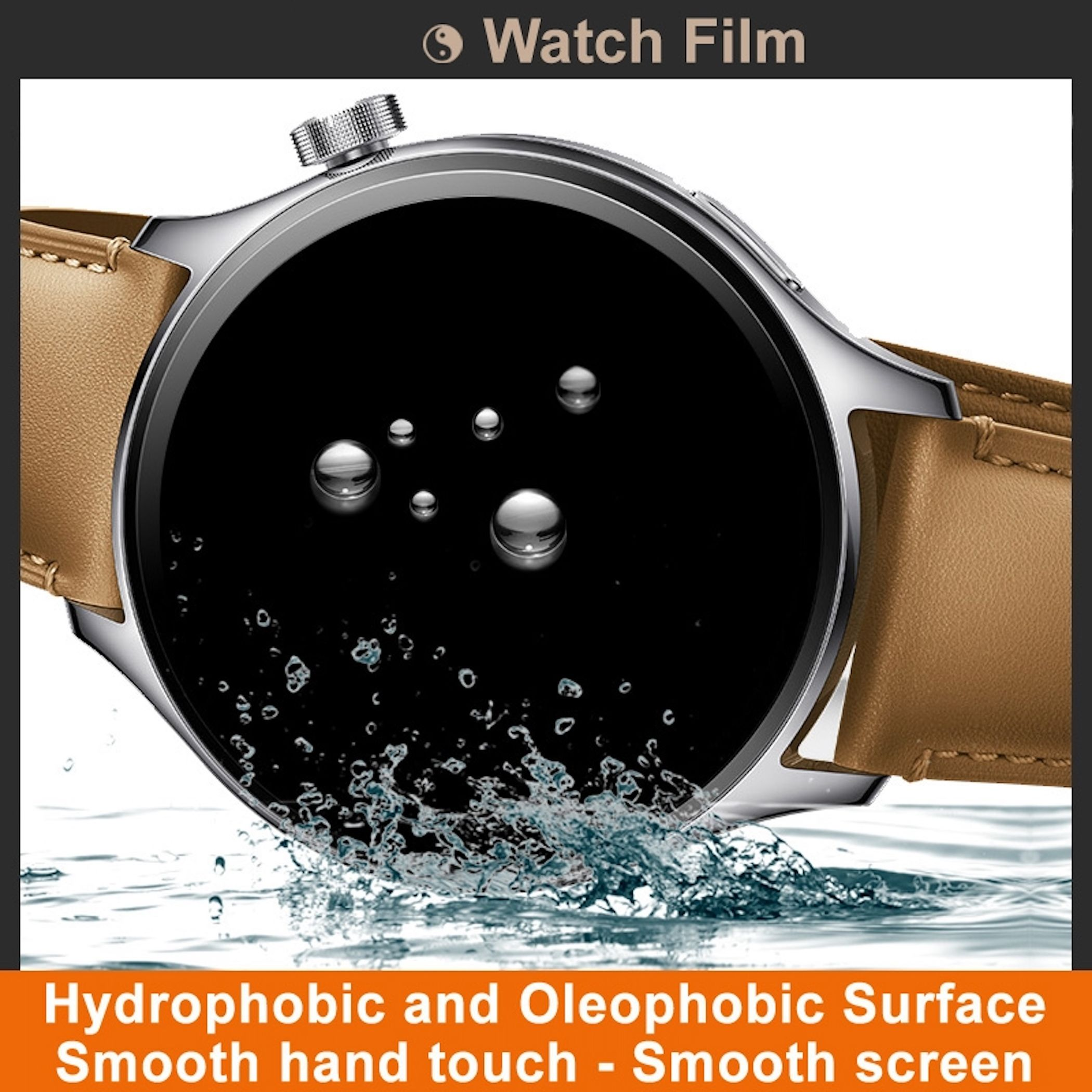 Wassertropfen auf einem Smartwatch-Bildschirm mit braunem Lederarmband.