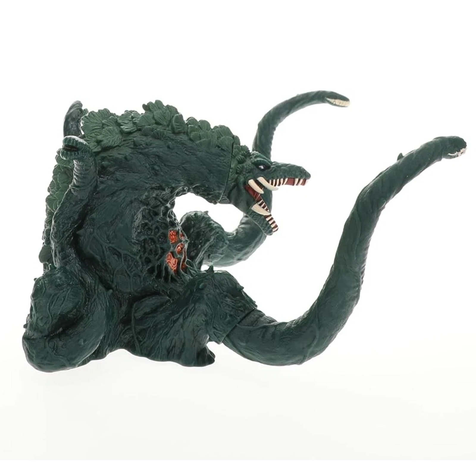 Eine dunkle grüne Godzilla-Figur mit roten Stellen auf dem Körper und langen Tentakeln.