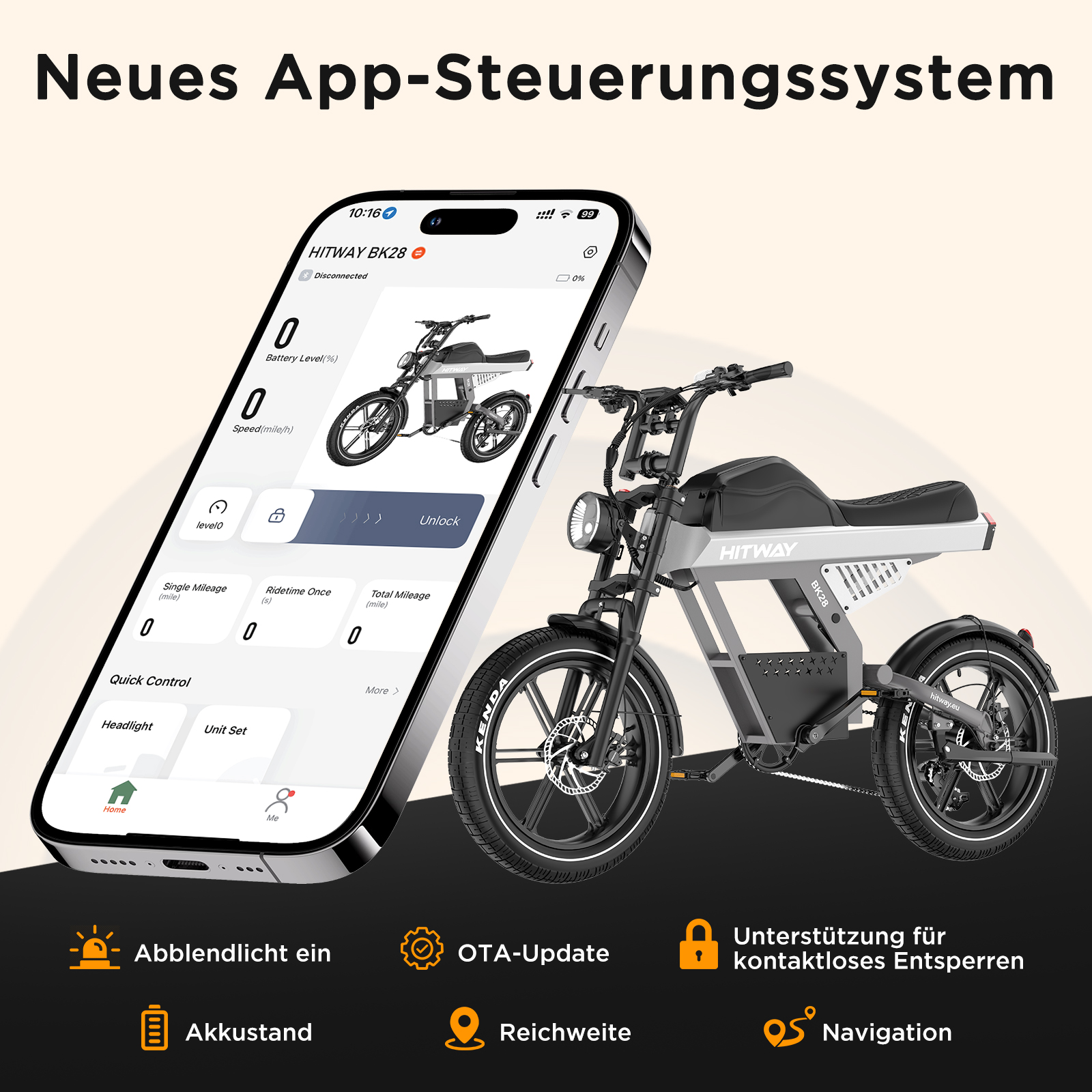 Ein Smartphone zeigt eine E-Bike-App mit Fahrradbild. Daneben steht ein E-Bike.