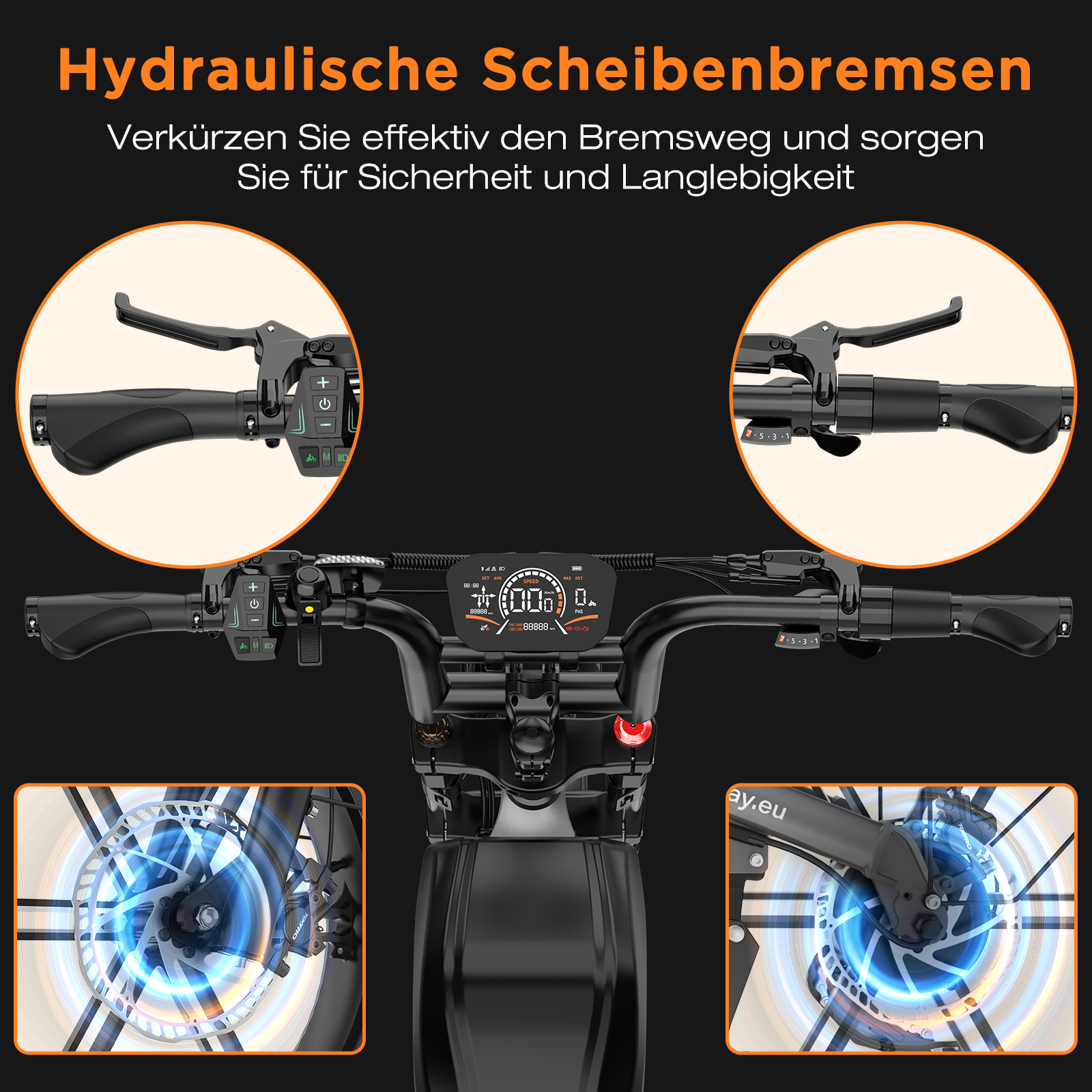 Lenker mit Display, Griffen und hydraulischen Scheibenbremsen eines E-Scooters.