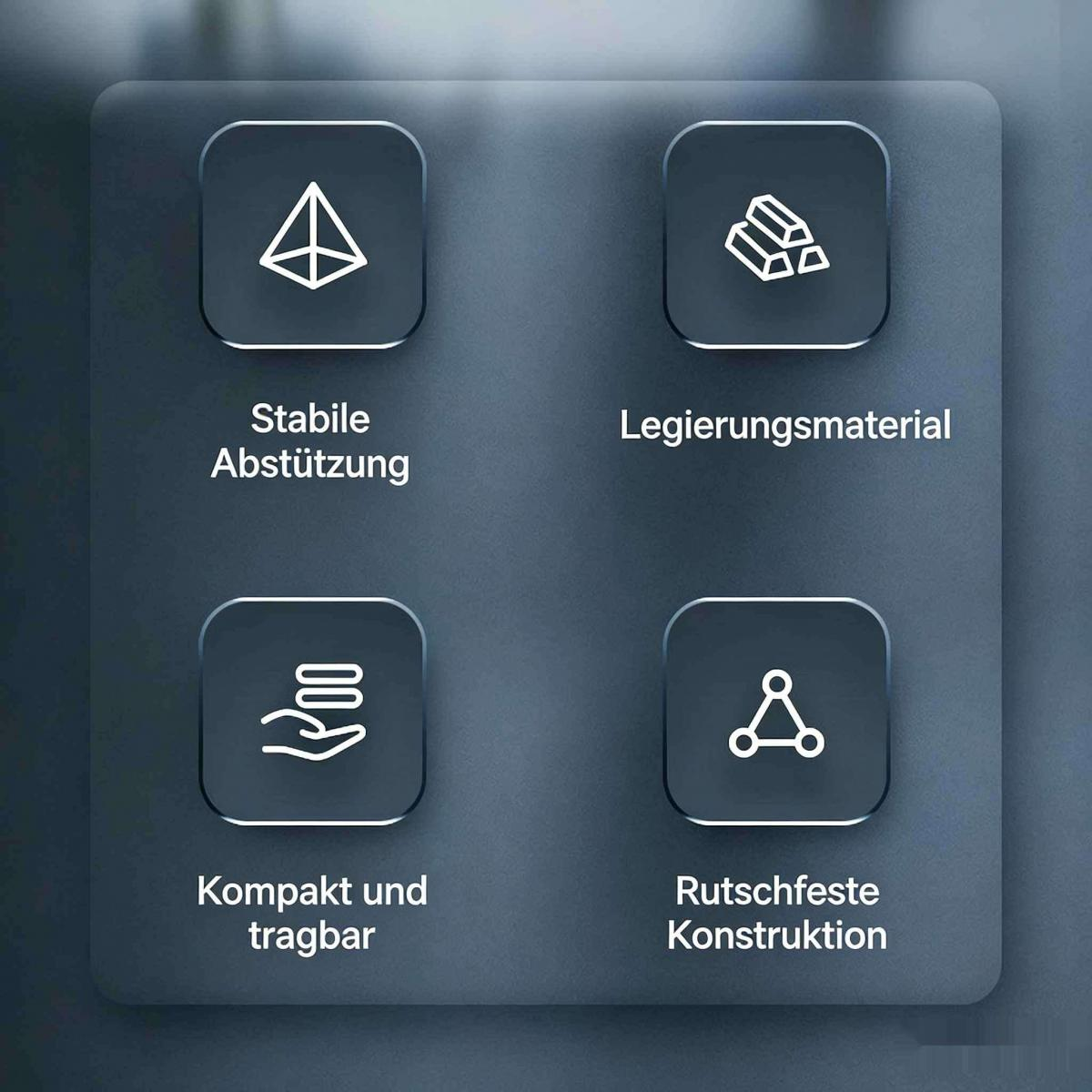 Vier Icons mit Text: Stabile Abstützung, Legierungsmaterial, Kompakt und tragbar, Rutschfeste Konstruktion.