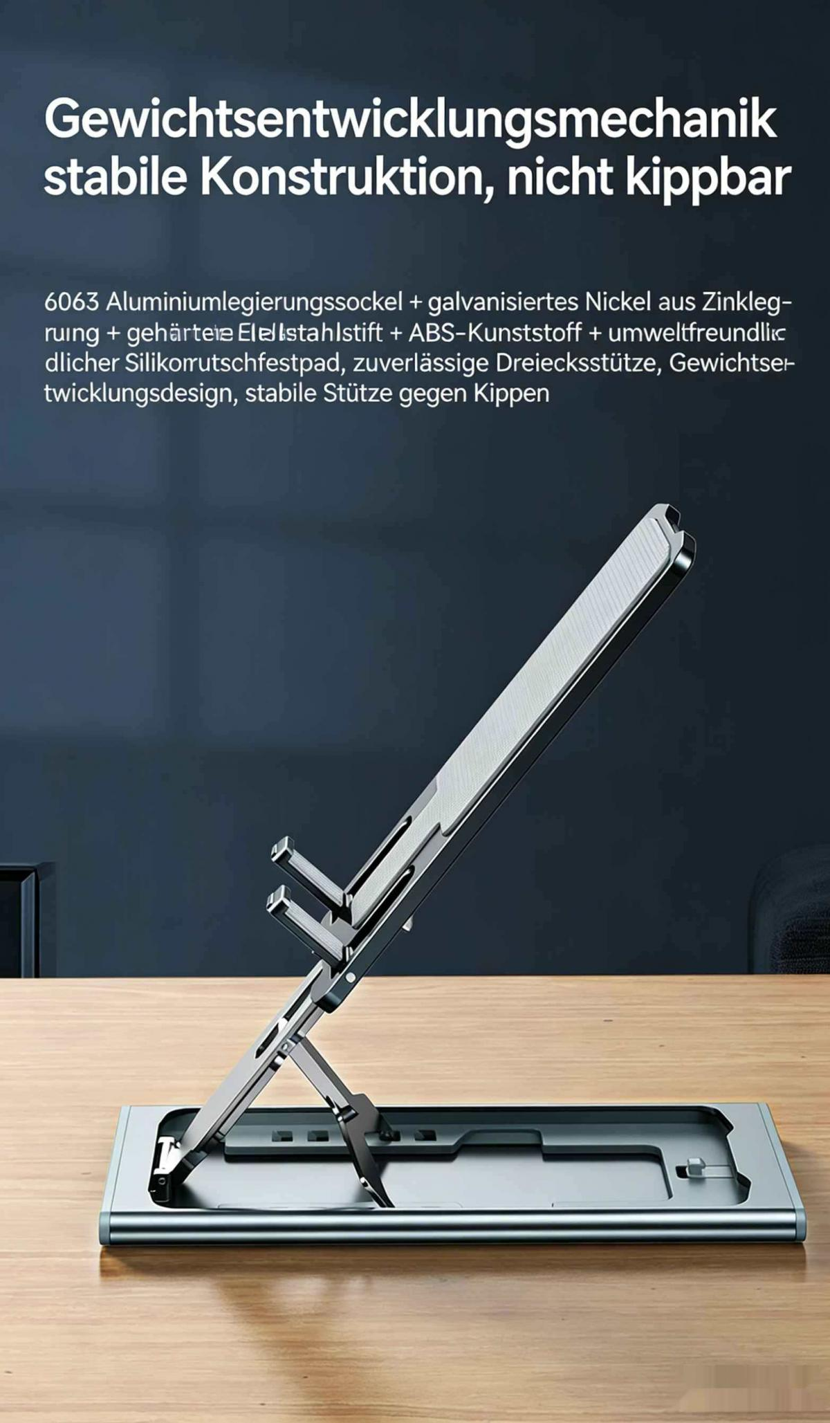 Ein silberner Laptopständer aus Metall mit verstellbarem Winkel auf einem Holztisch.