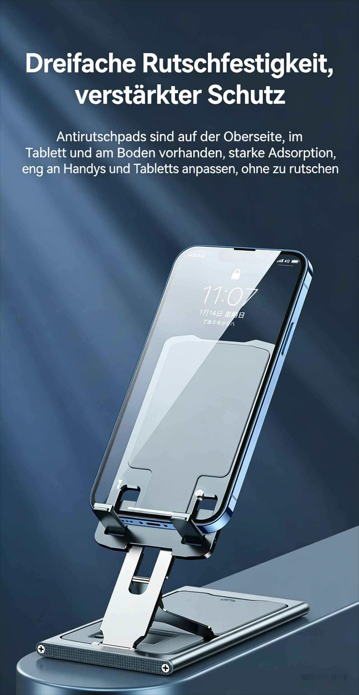 Ein Smartphone auf einem silbernen Ständer, mit Text im Hintergrund.