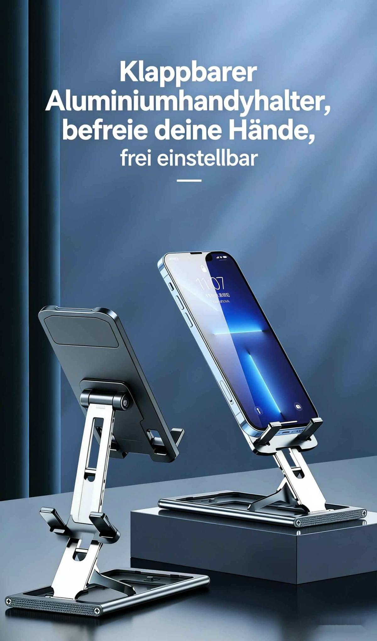 Ein zusammenklappbarer Handyhalter aus Aluminium mit einem Smartphone.