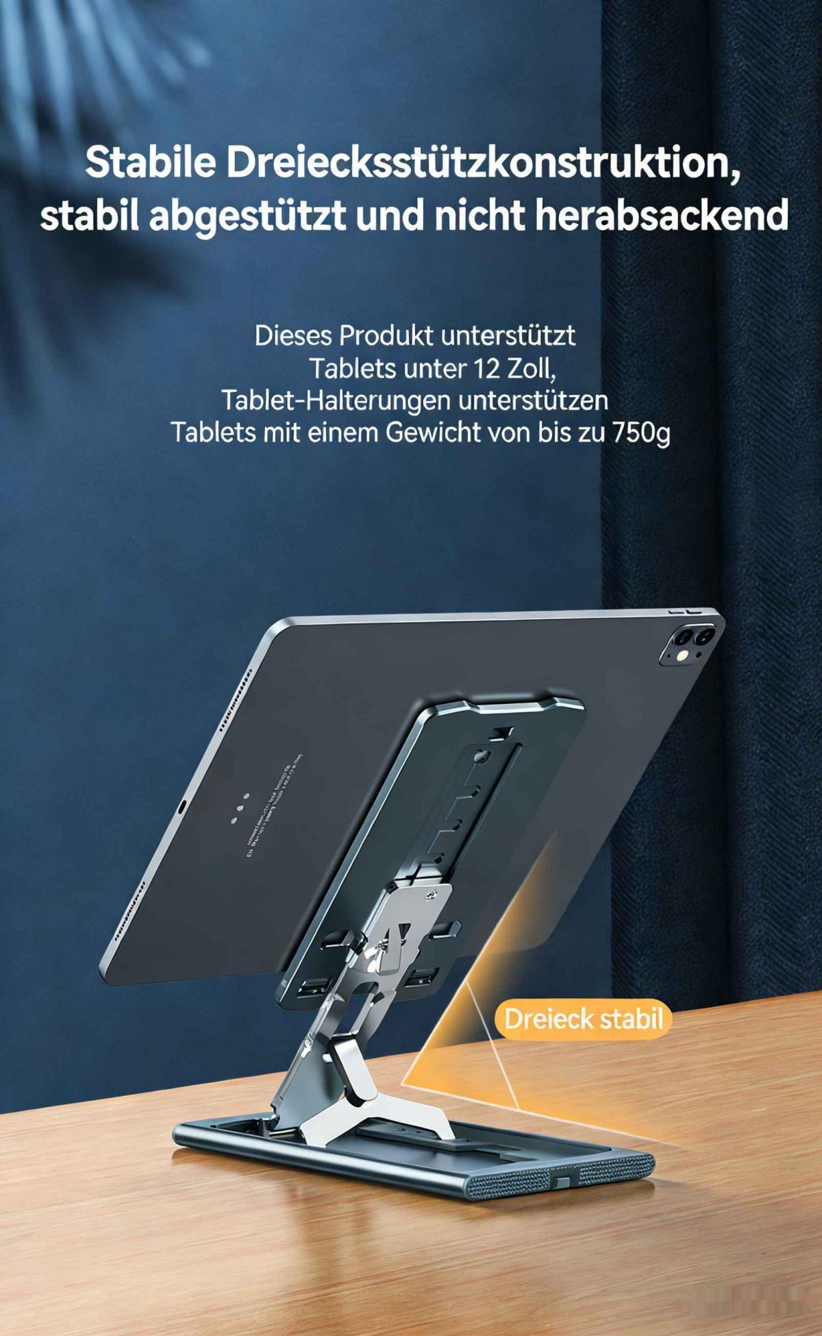 Stabiler Tablet-Ständer mit Dreiecksdesign, hält Tablets bis 12 Zoll und 750g.