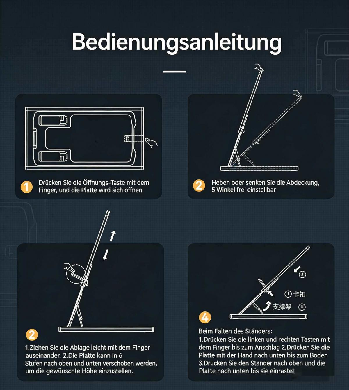 Anleitung: Platte öffnen, abdecken, höhenverstellen und Ständer falten.