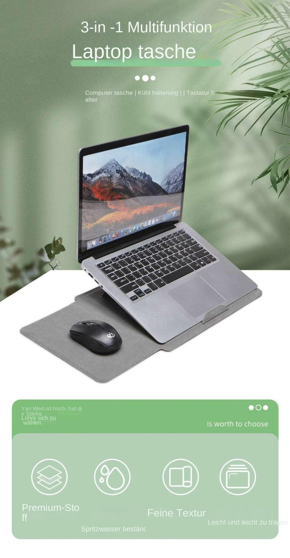 Graue Laptoptasche mit Maus, mit Berglandschaft auf dem Bildschirm.