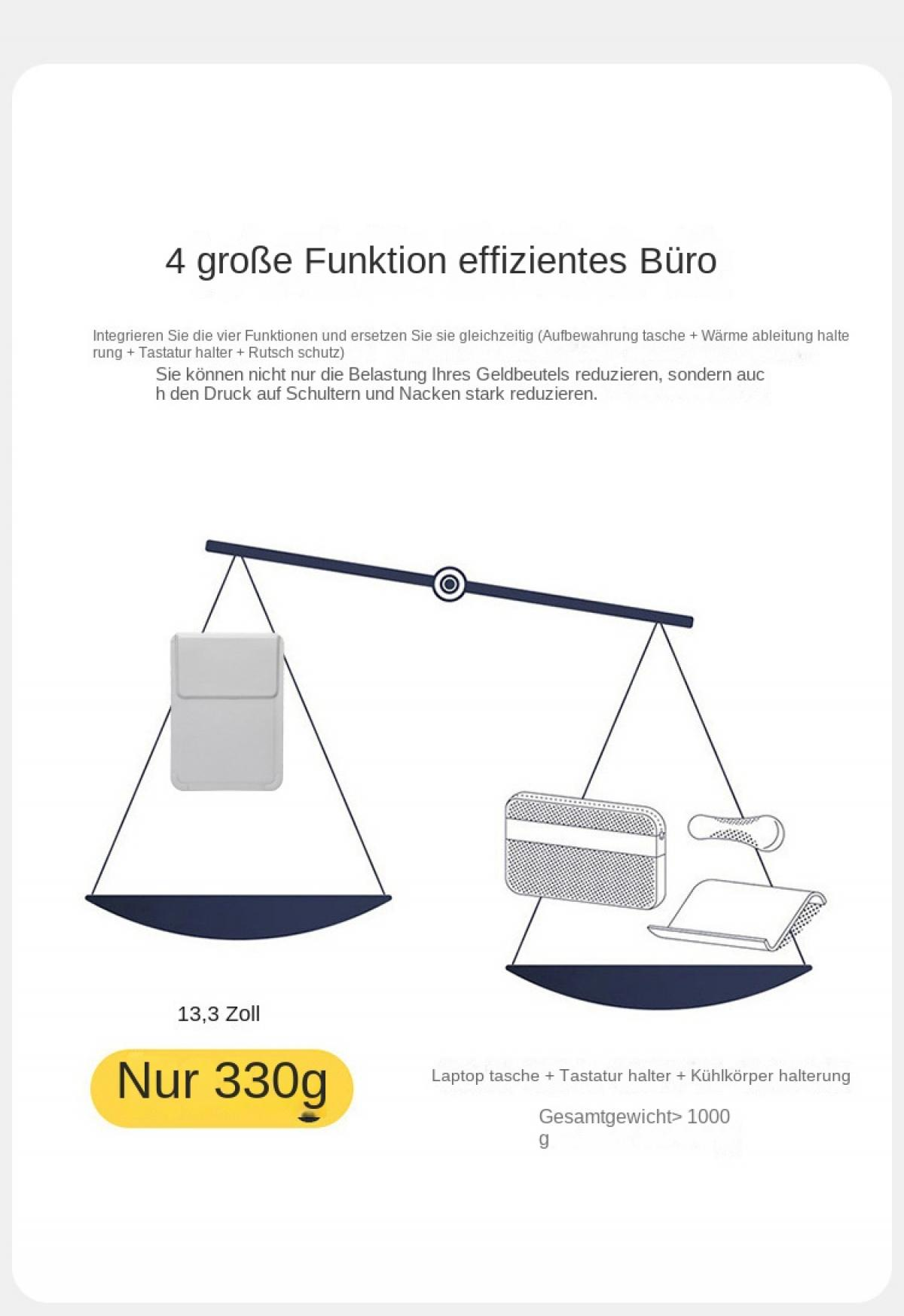 Eine Waage vergleicht das Gewicht einer Hülle mit einem Laptop-Zubehör-Set.