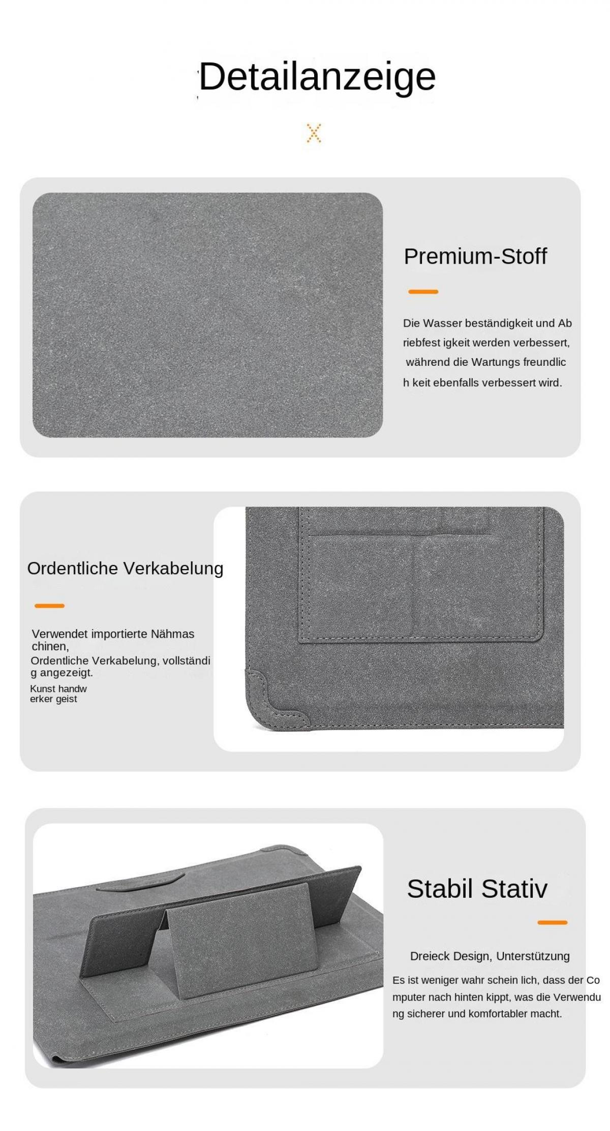 Graues Laptop-Stativ mit Textfeldern für Stoff, Verkabelung und Stabilität.