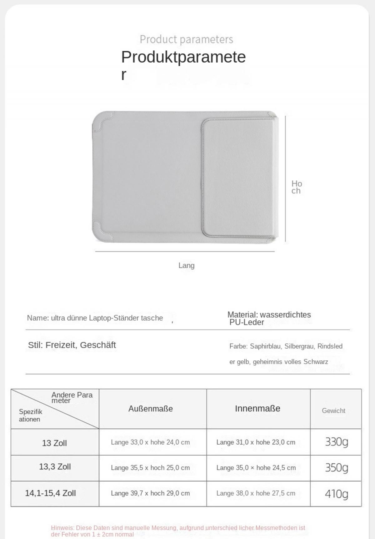 Graue Laptop-Tasche mit Maßen und Gewichten für 13, 13,3 und 14,1-15,4 Zoll.