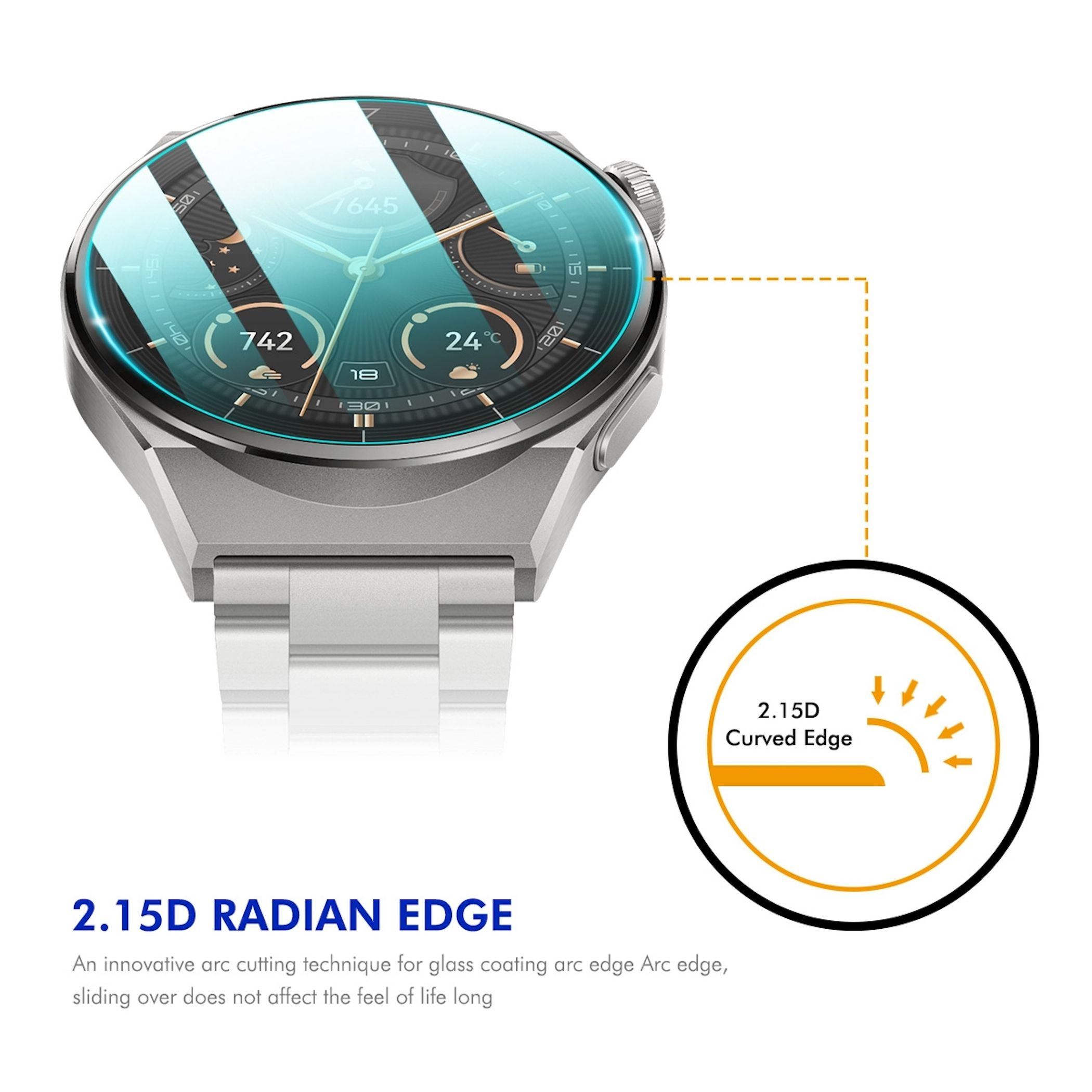 Smartwatch argentato con quadrante verde acqua e dettaglio del suo bordo curvo 2.15D.