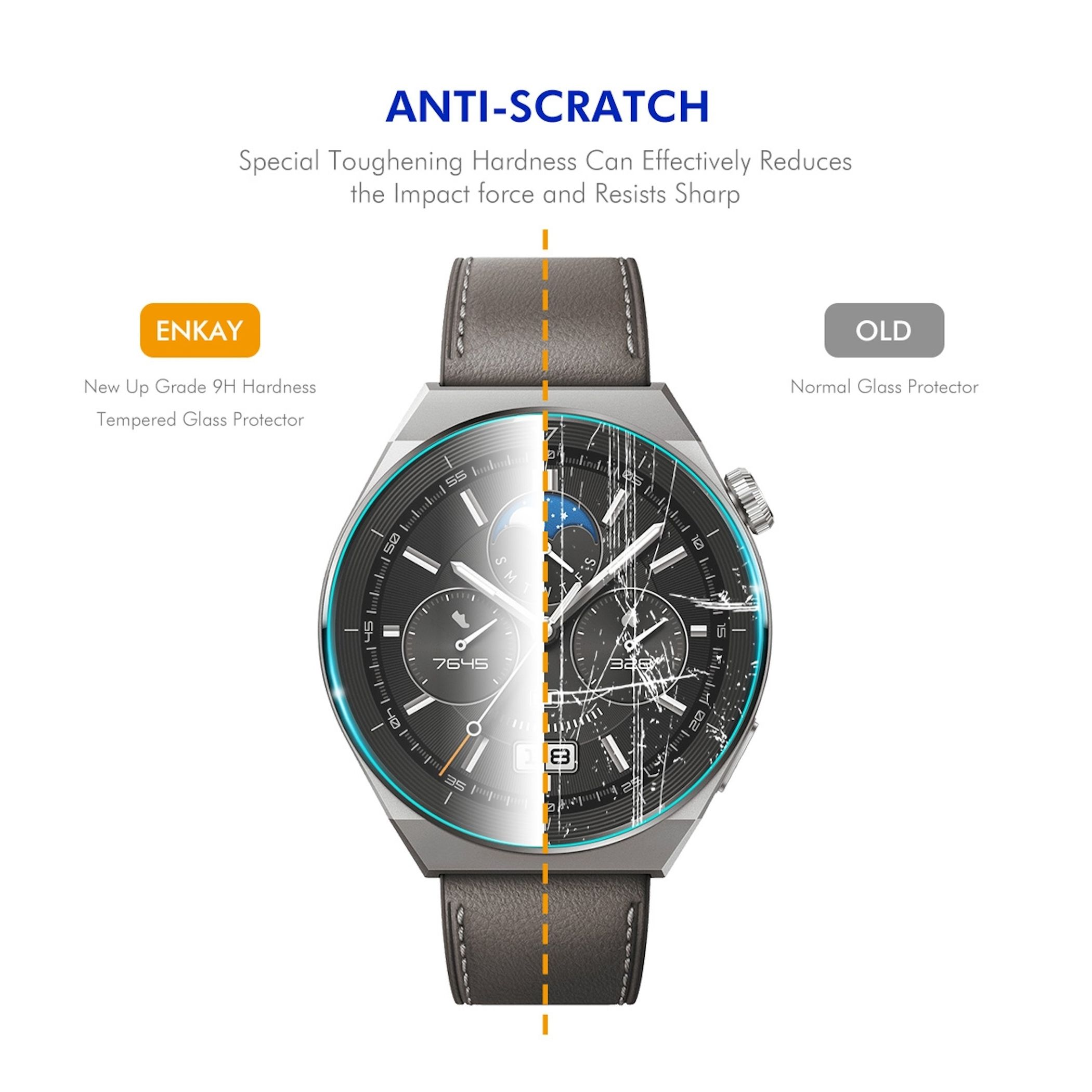 Schermo orologio diviso: lato sinistro protetto, lato destro graffiato. Cinturino grigio.