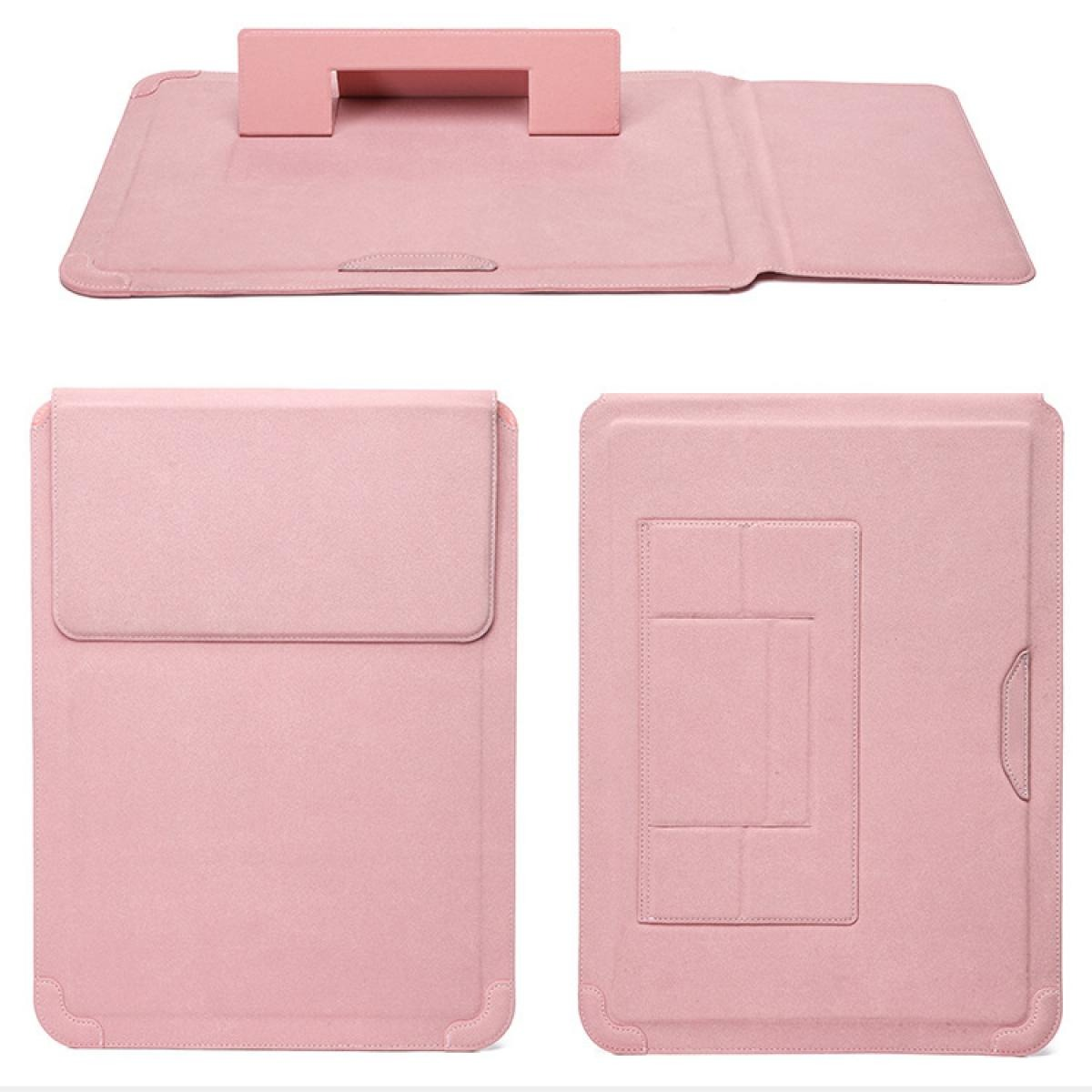 Ein rosa Laptop-Sleeve mit Ständer und Klappe, Vorder- und Rückansicht.