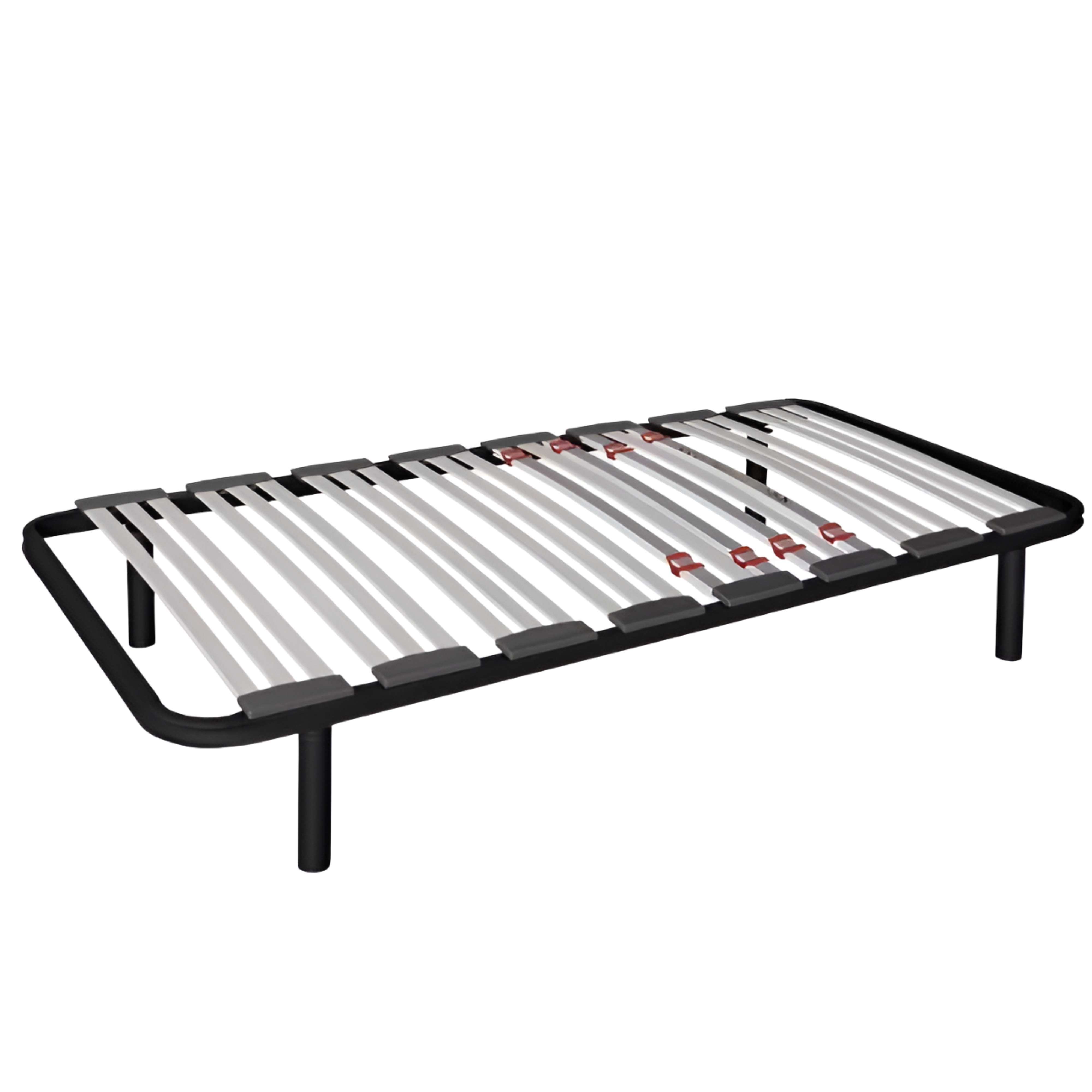 Una base de cama de metal negro con listones blancos y clips rojos.