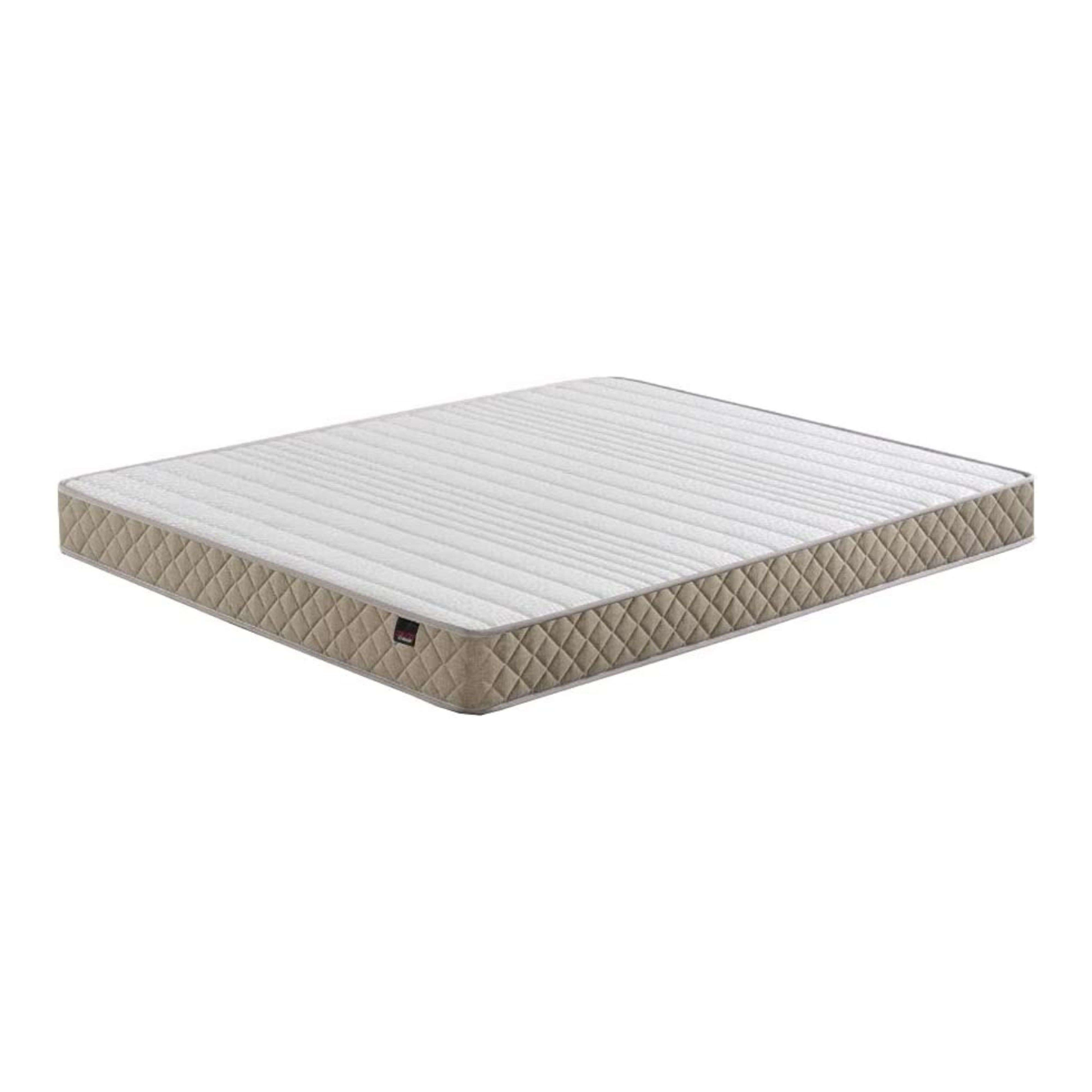 Un colchón blanco con borde acolchado beige.