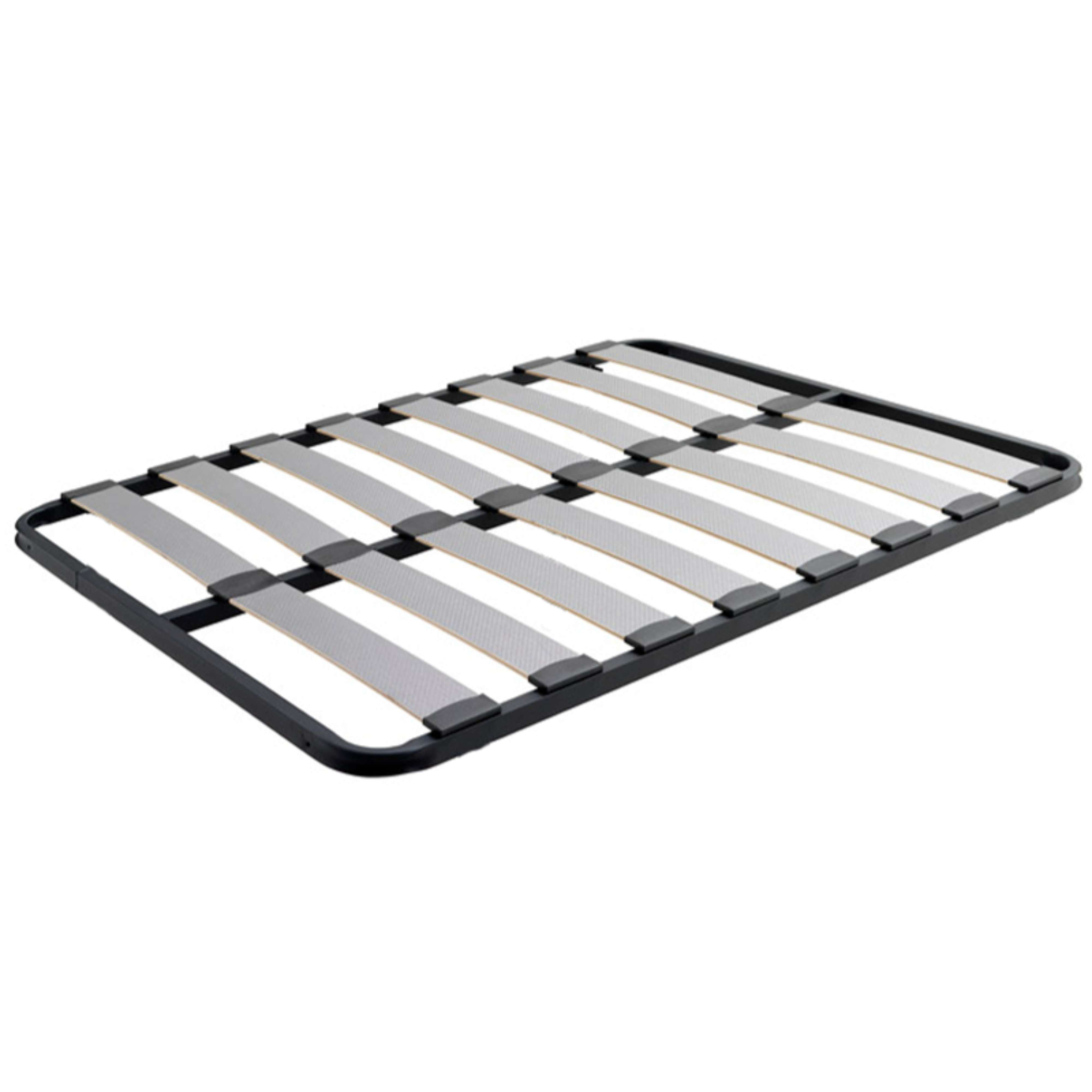 Una base de somier de metal negro con listones de madera.