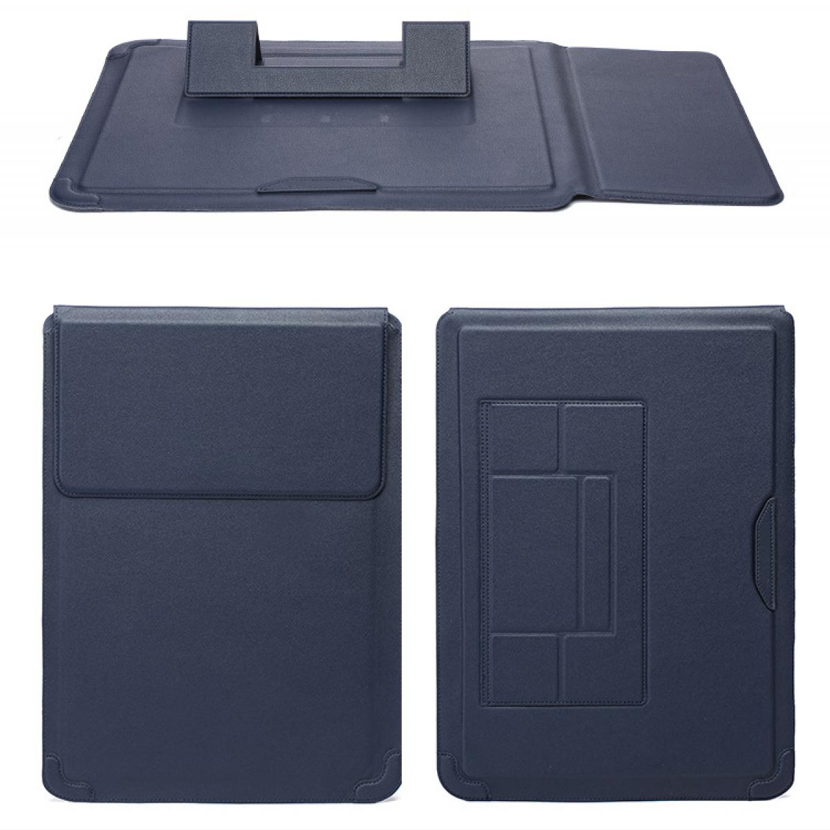 Eine marineblaue Laptoptasche, geöffnet, geschlossen und von hinten gezeigt.