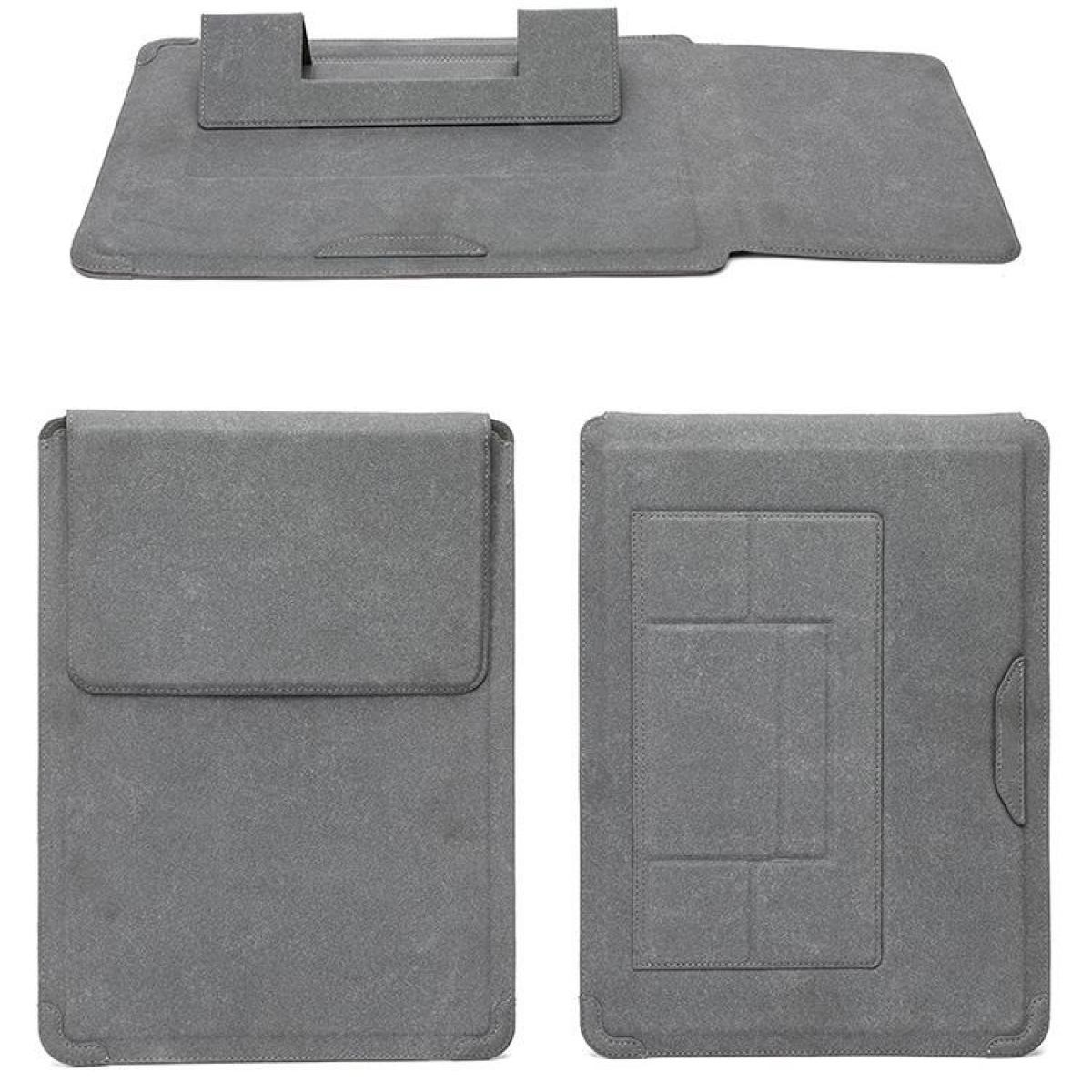 Graue Laptophülle mit Klappdeckel und integriertem Ständer.