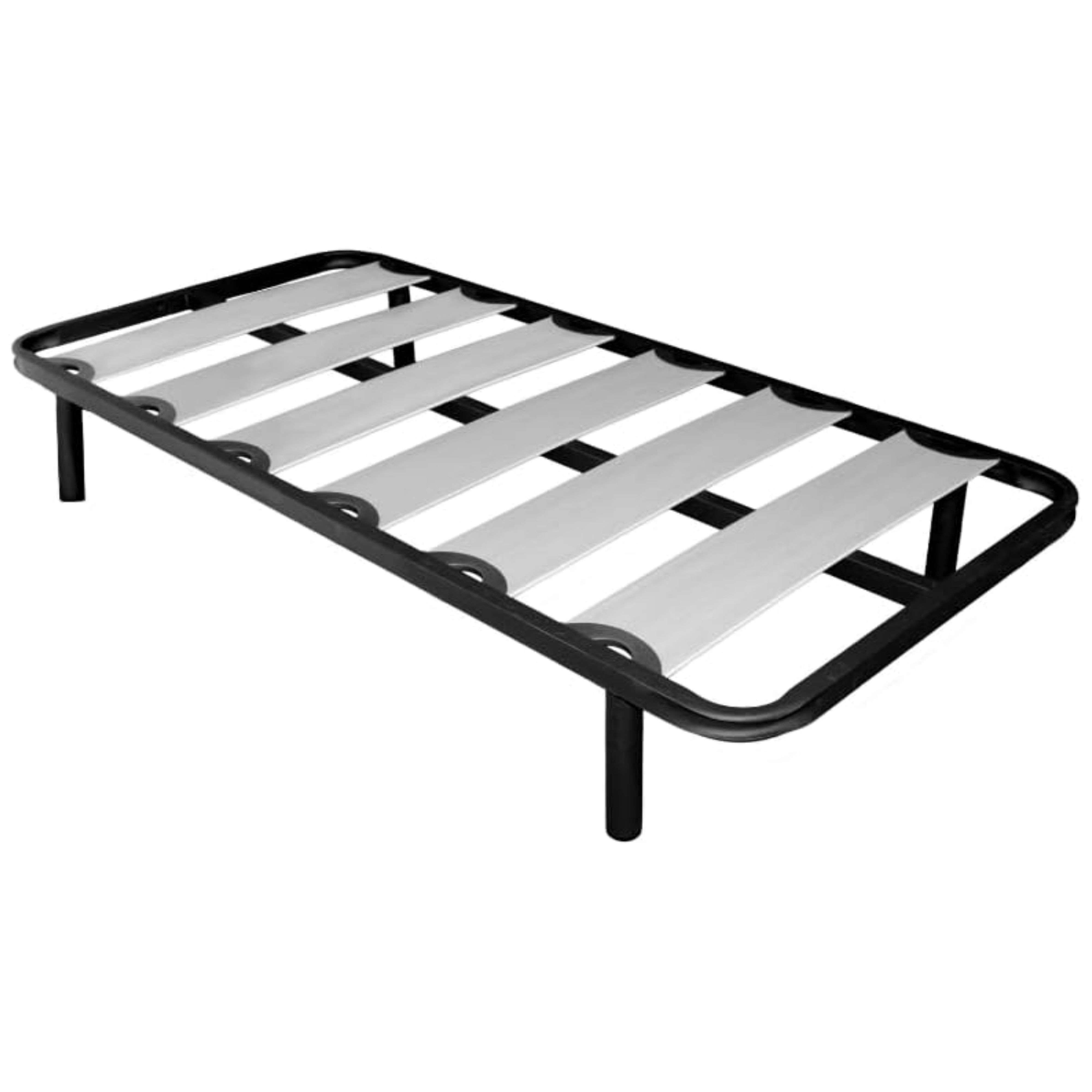 Una base de cama negra de metal con seis listones gris claro y cuatro patas.