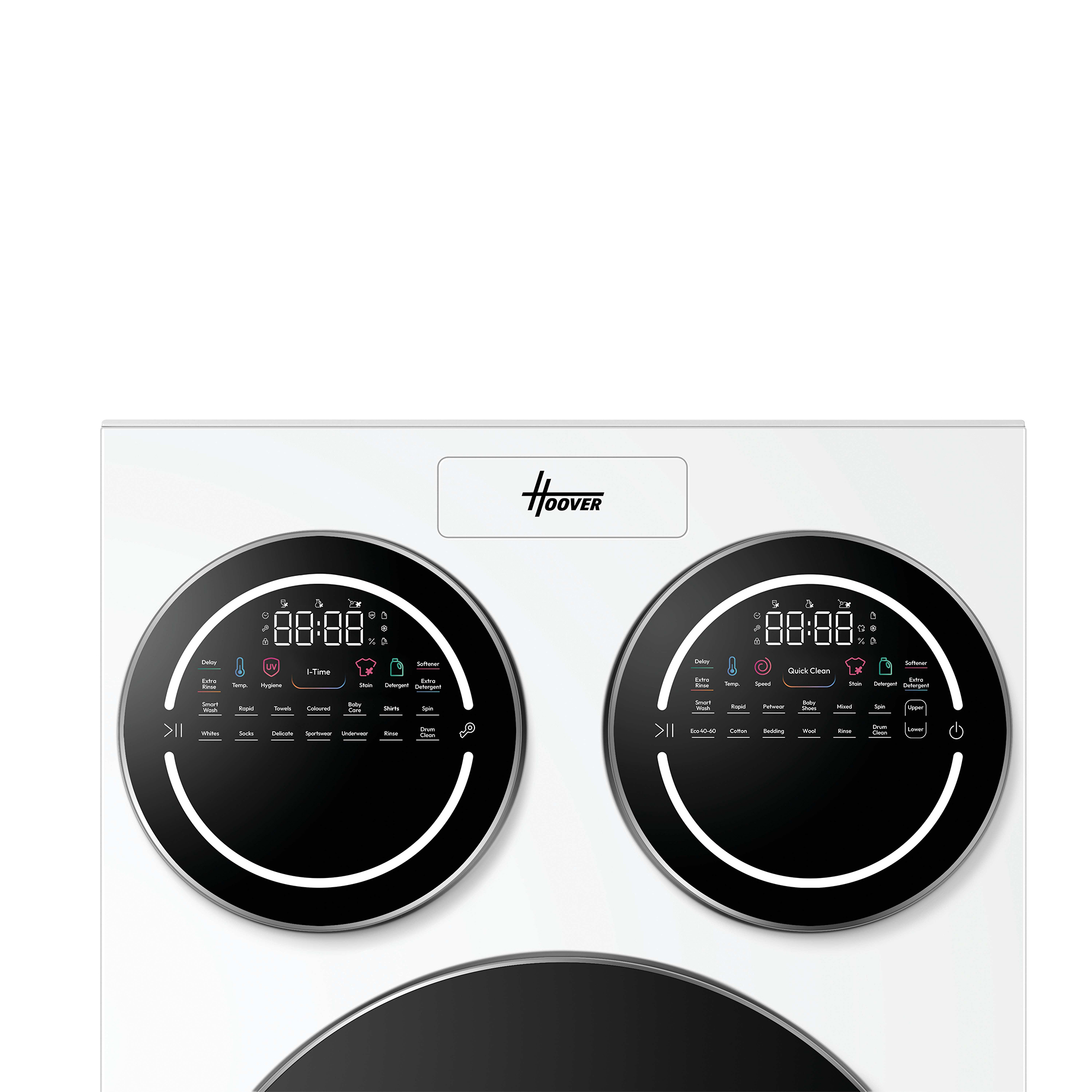 Eine weiße Waschmaschine mit zwei runden Displays und dem Hoover-Logo.