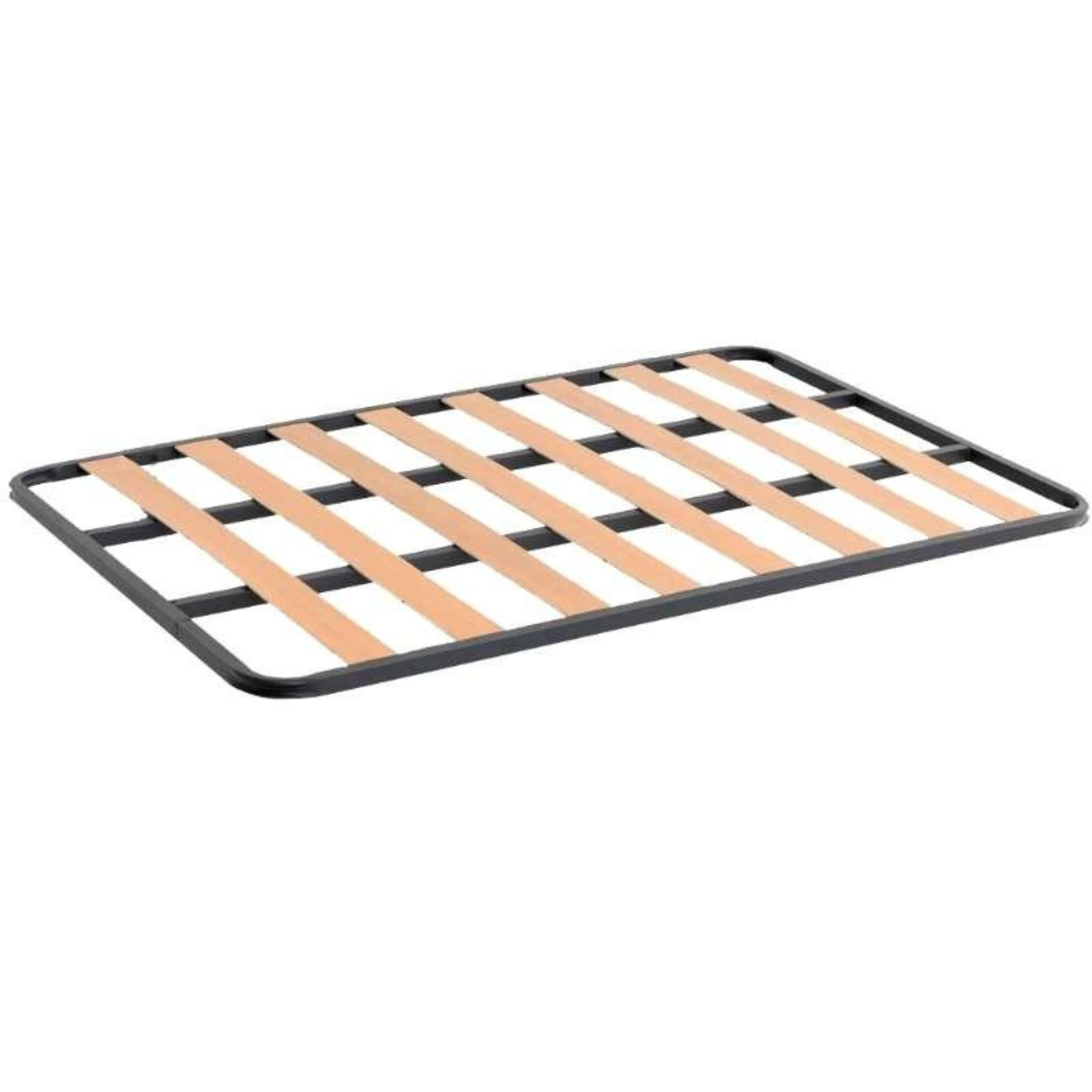 Una base de cama de metal con listones de madera.