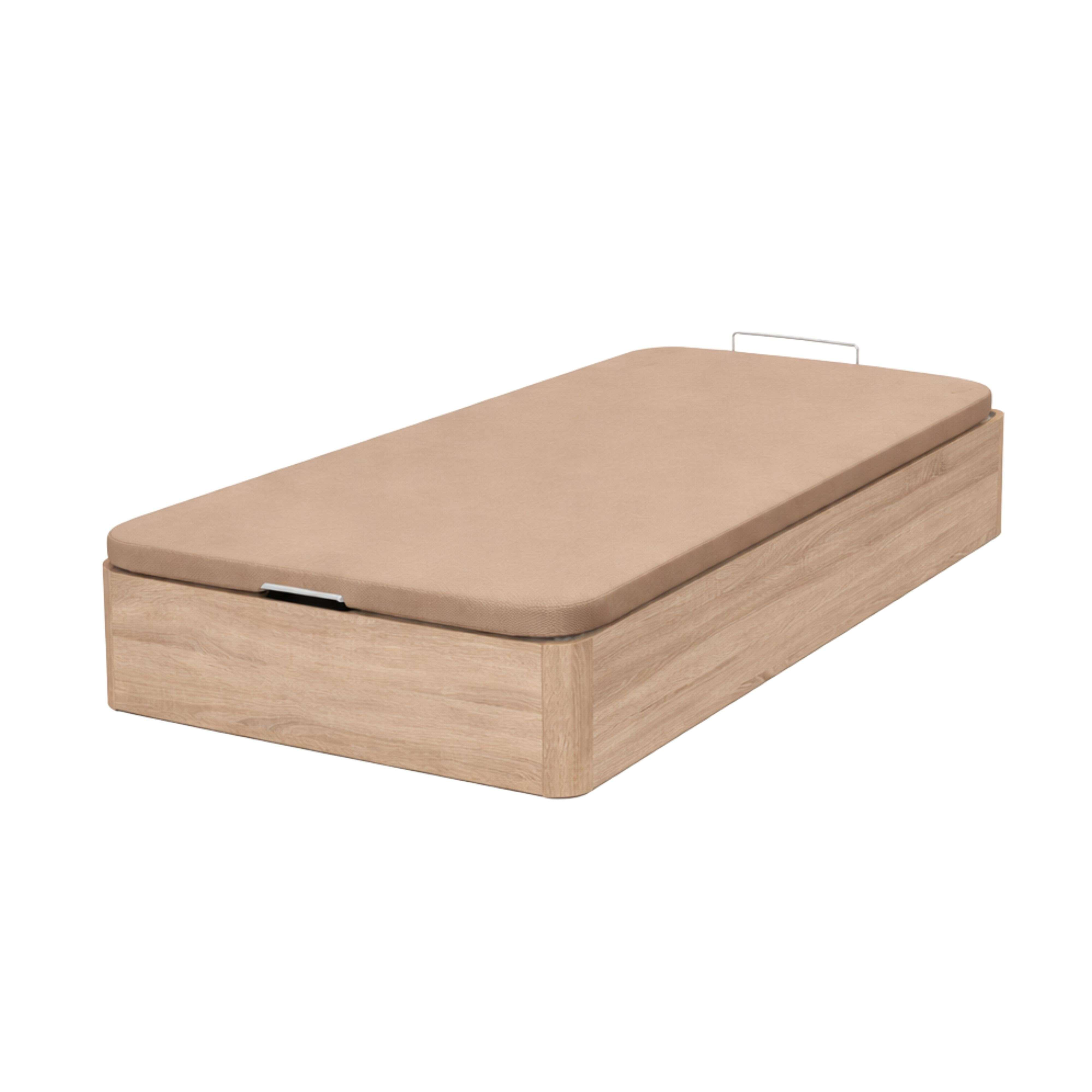 Una base de cama beige con marco de madera y asa metálica.