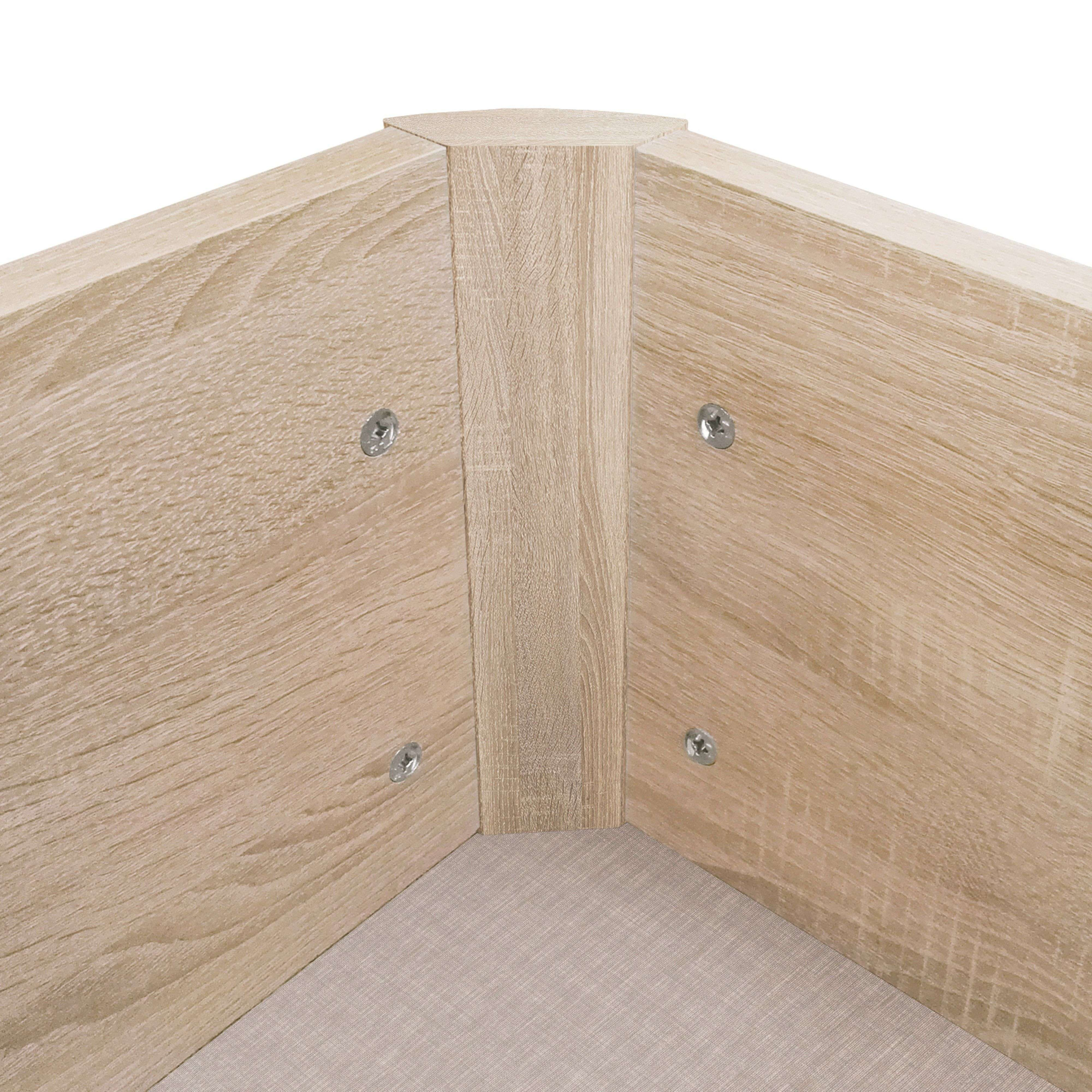 Unión de esquina de imitación madera clara con tornillos visibles y base de tela.