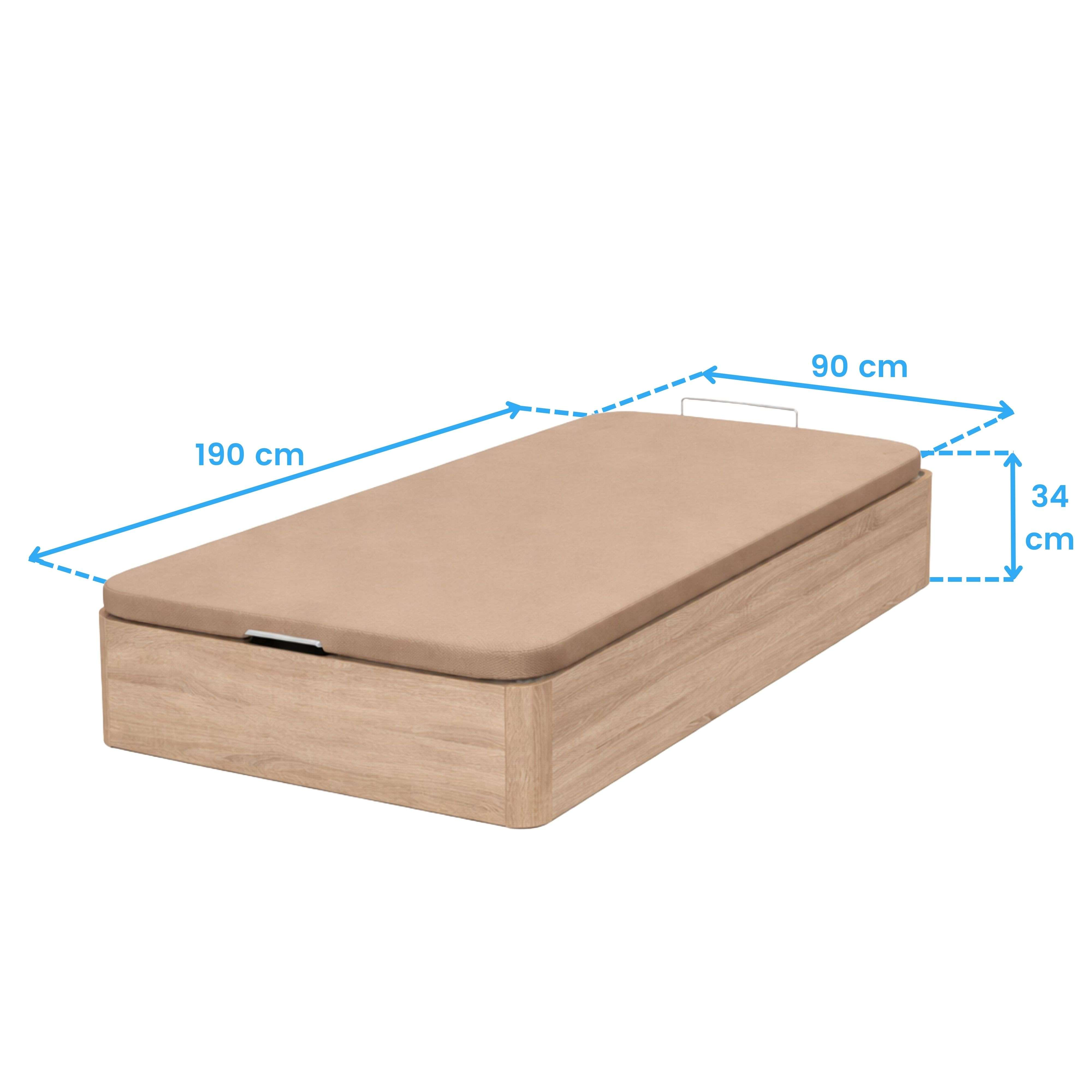 Una base de cama de madera con colchón beige. Dimensiones: 190x90x34cm.