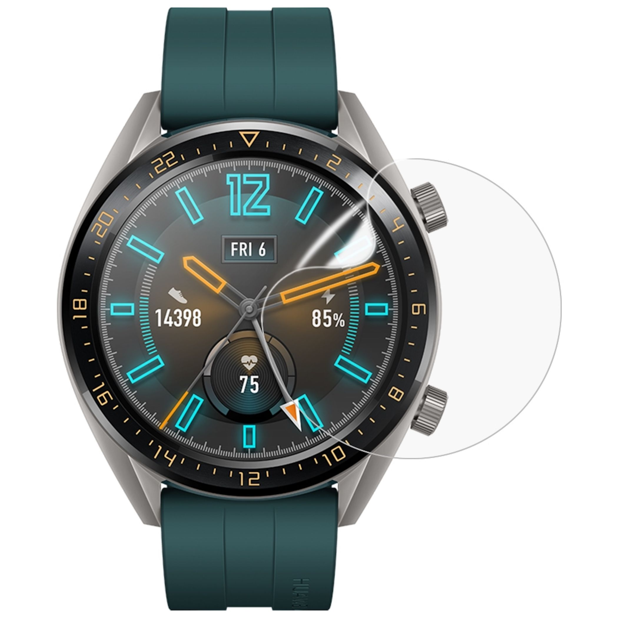Uno smartwatch con quadrante blu luminoso e cinturino verde.