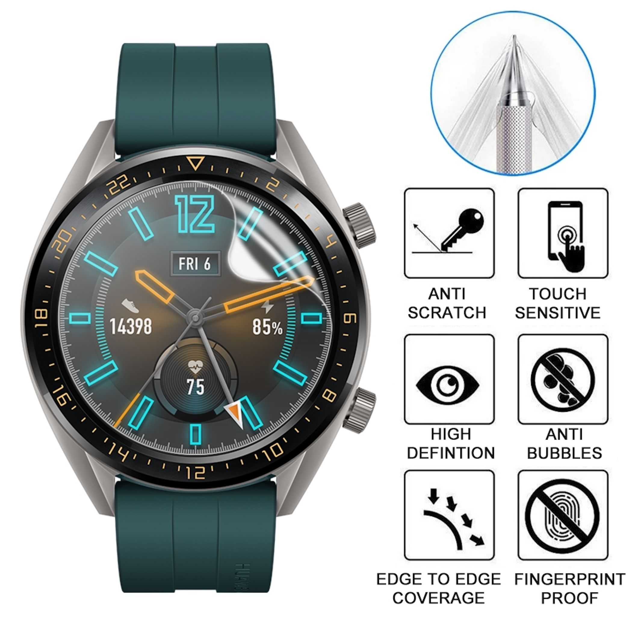 Uno smartwatch con cinturino verde e quadrante digitale. Icone mostrano le funzioni protettive.
