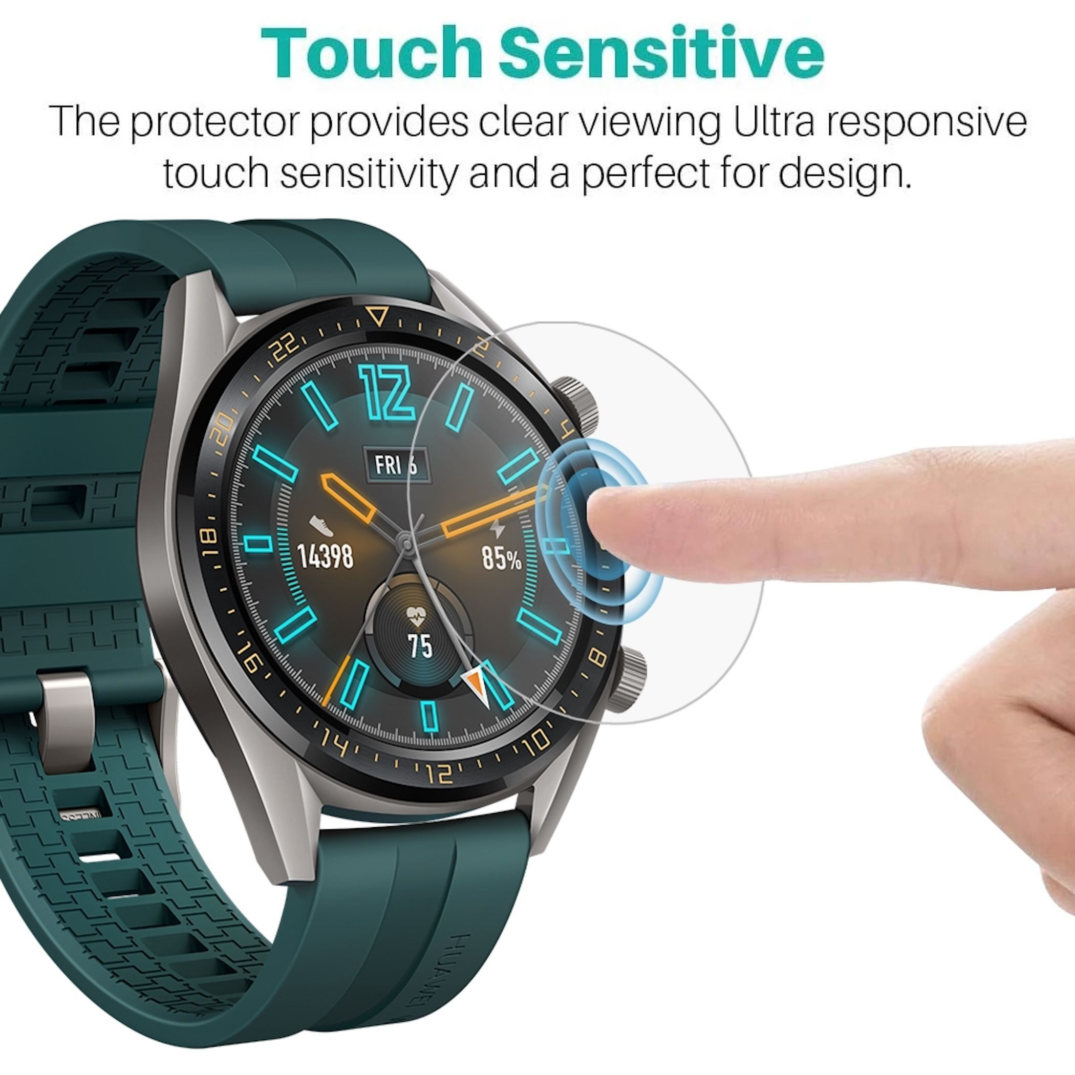 Un dito tocca uno smartwatch con cinturino verde. Lo schermo mostra l'ora e dati di fitness.