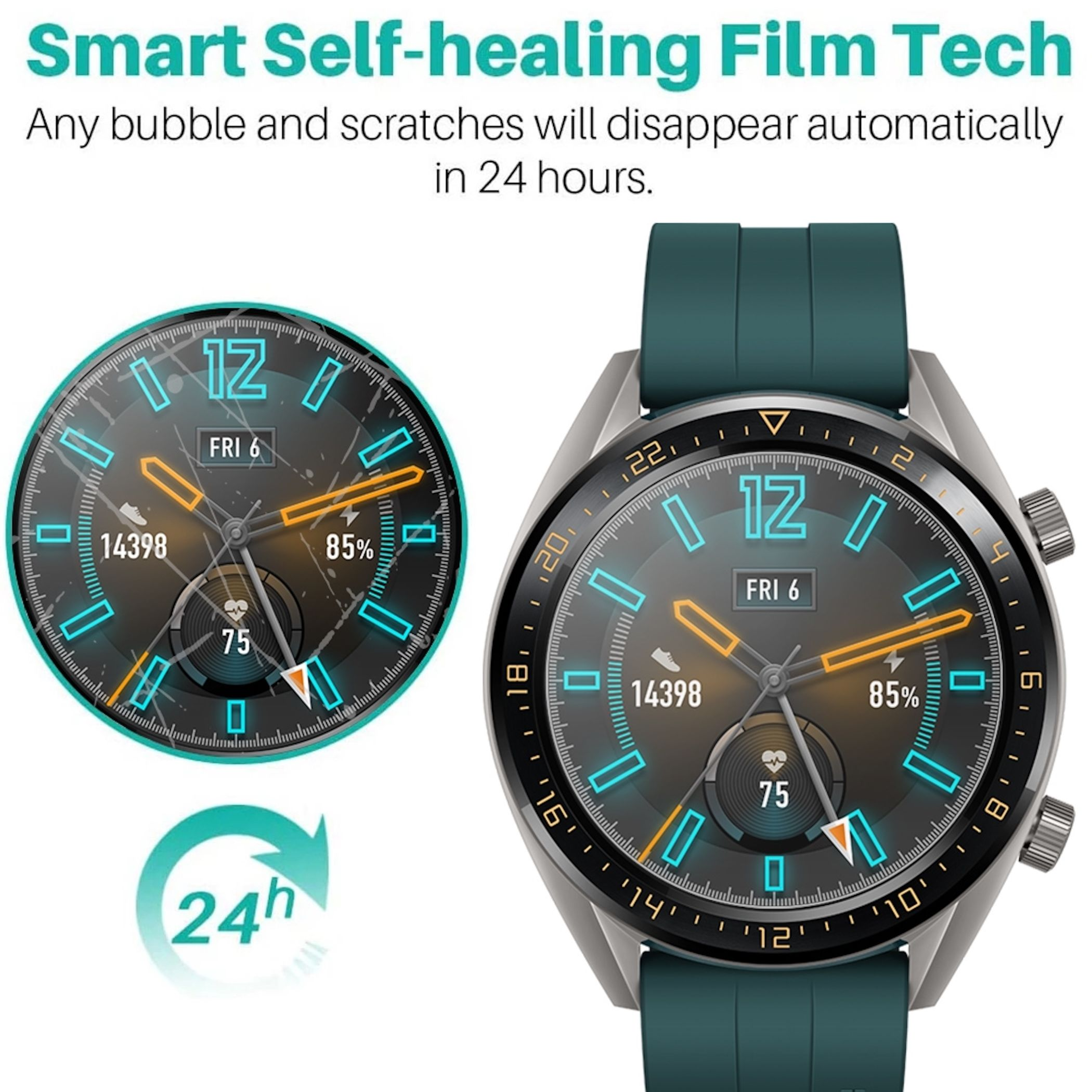 Smartwatch con quadrante blu, cassa argentata e cinturino turchese.