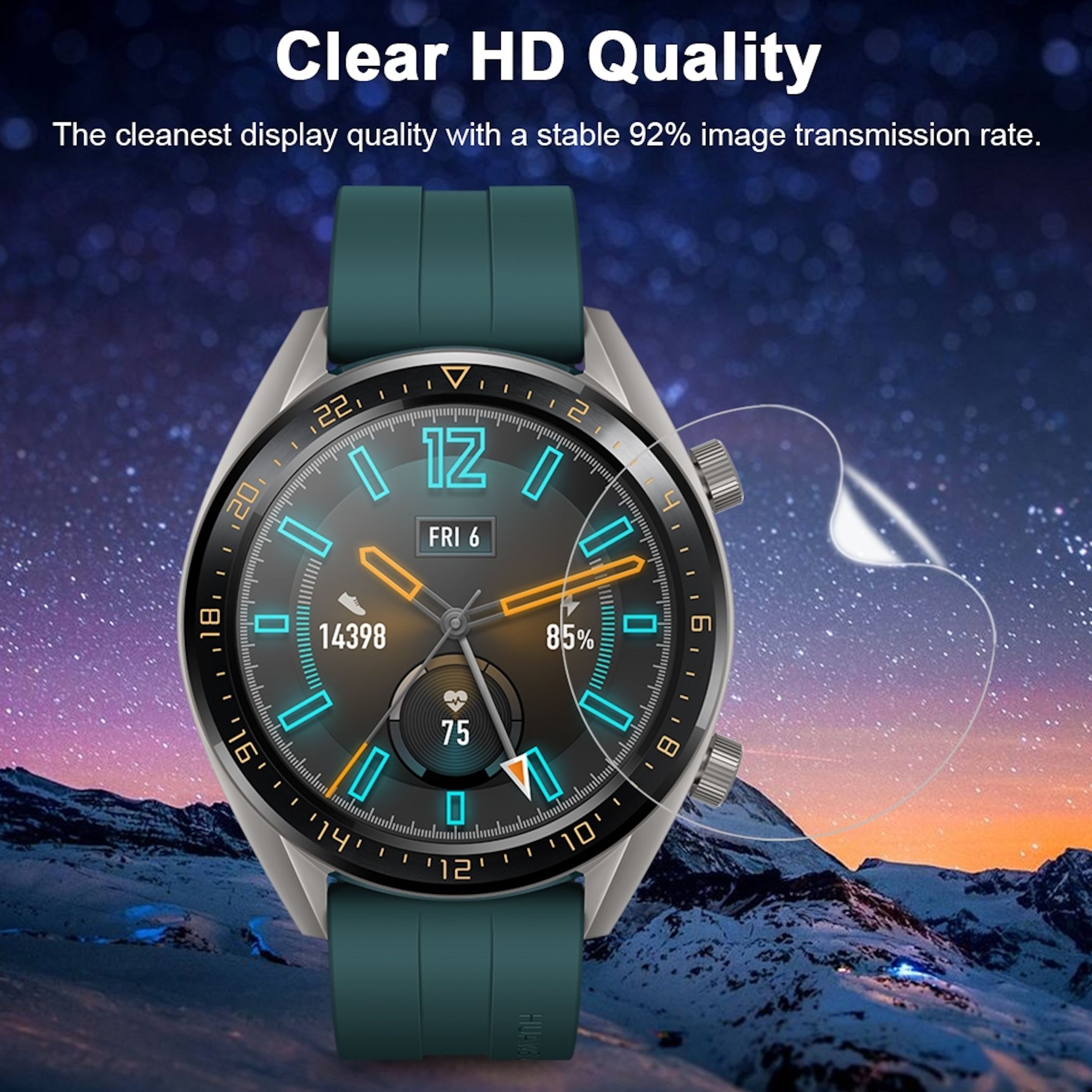 Orologio argento con cinturino blu su paesaggio montano.
