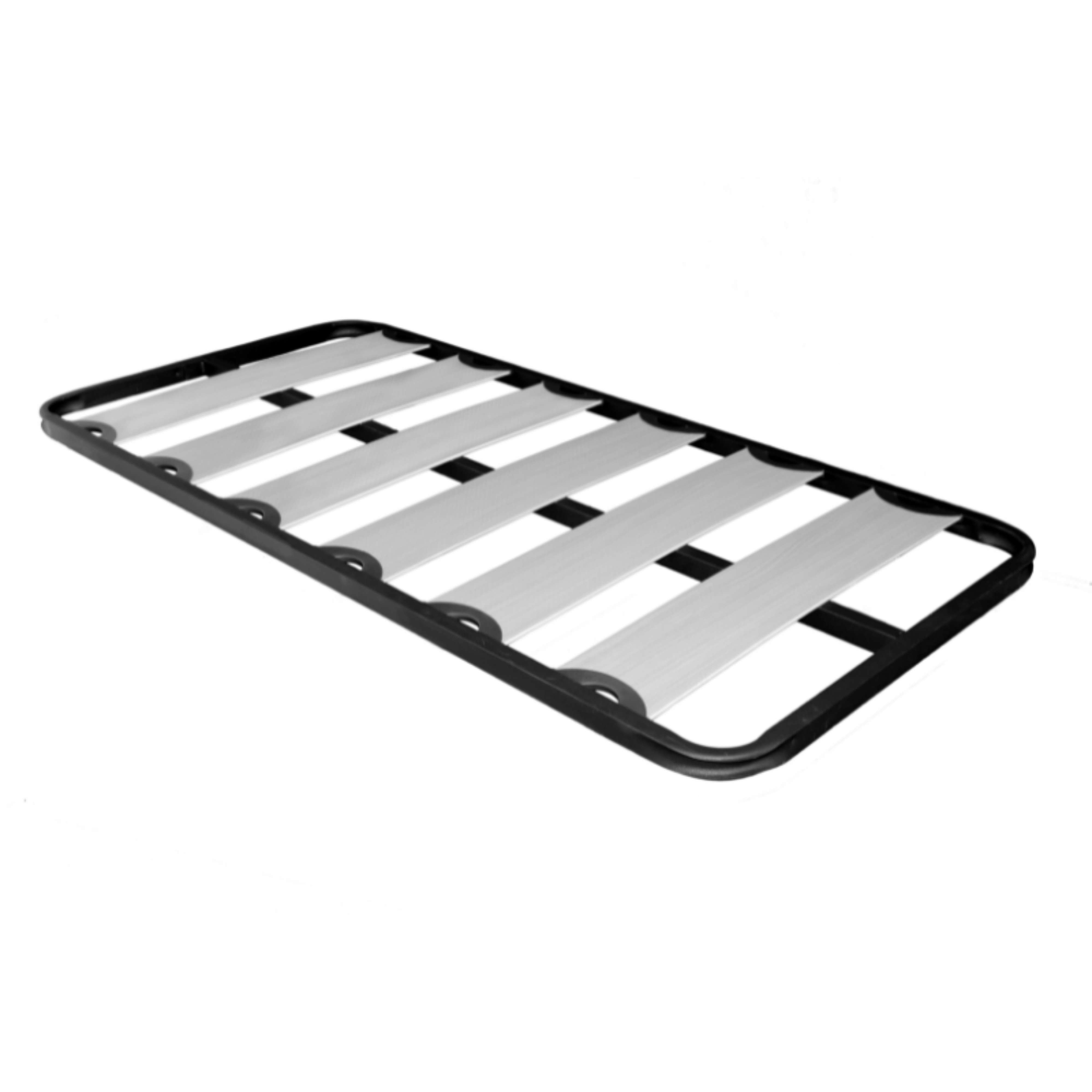 Una base de cama de metal con listones de madera sobre fondo blanco.