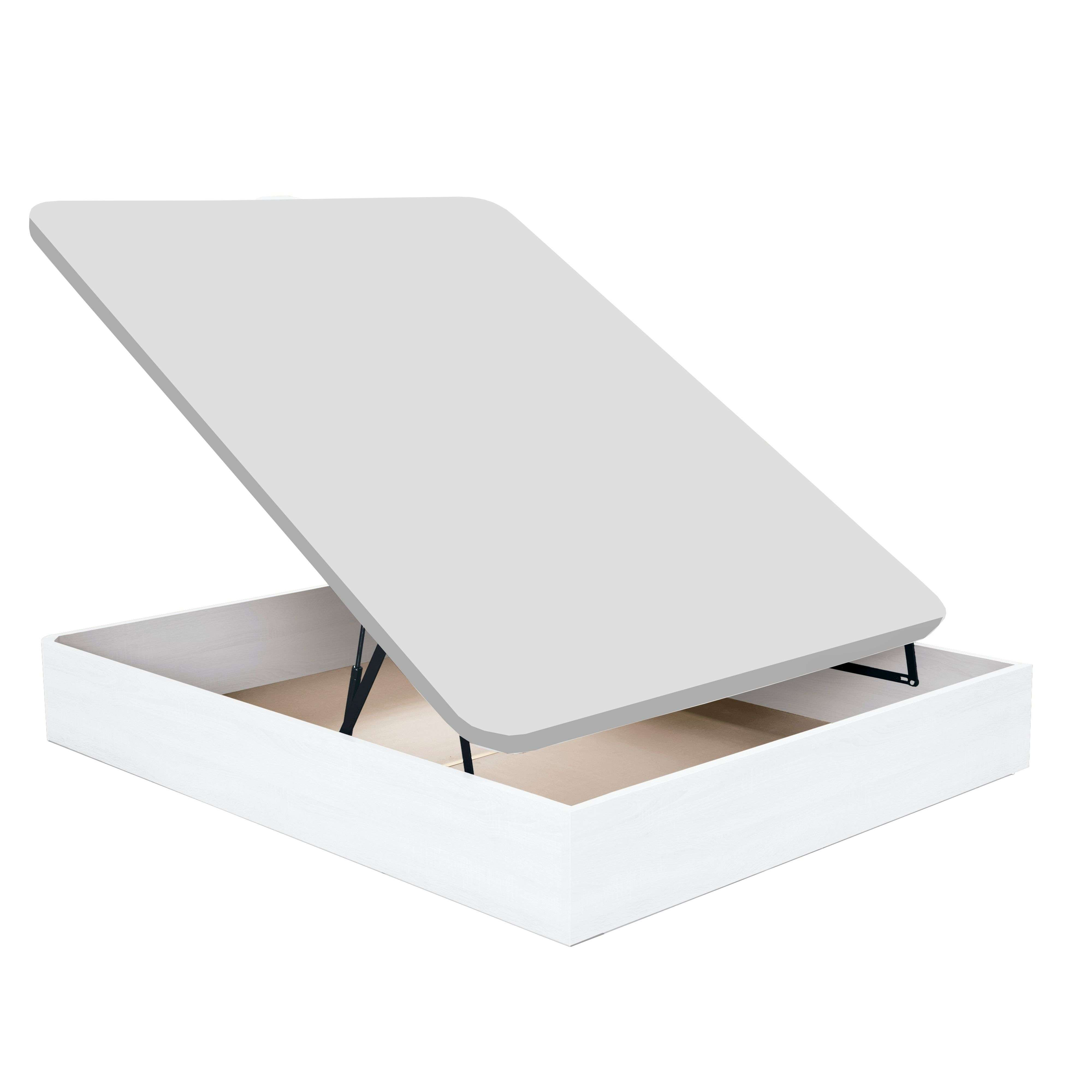 Base de cama de almacenamiento blanca con tapa levantada, mostrando soportes metálicos negros.