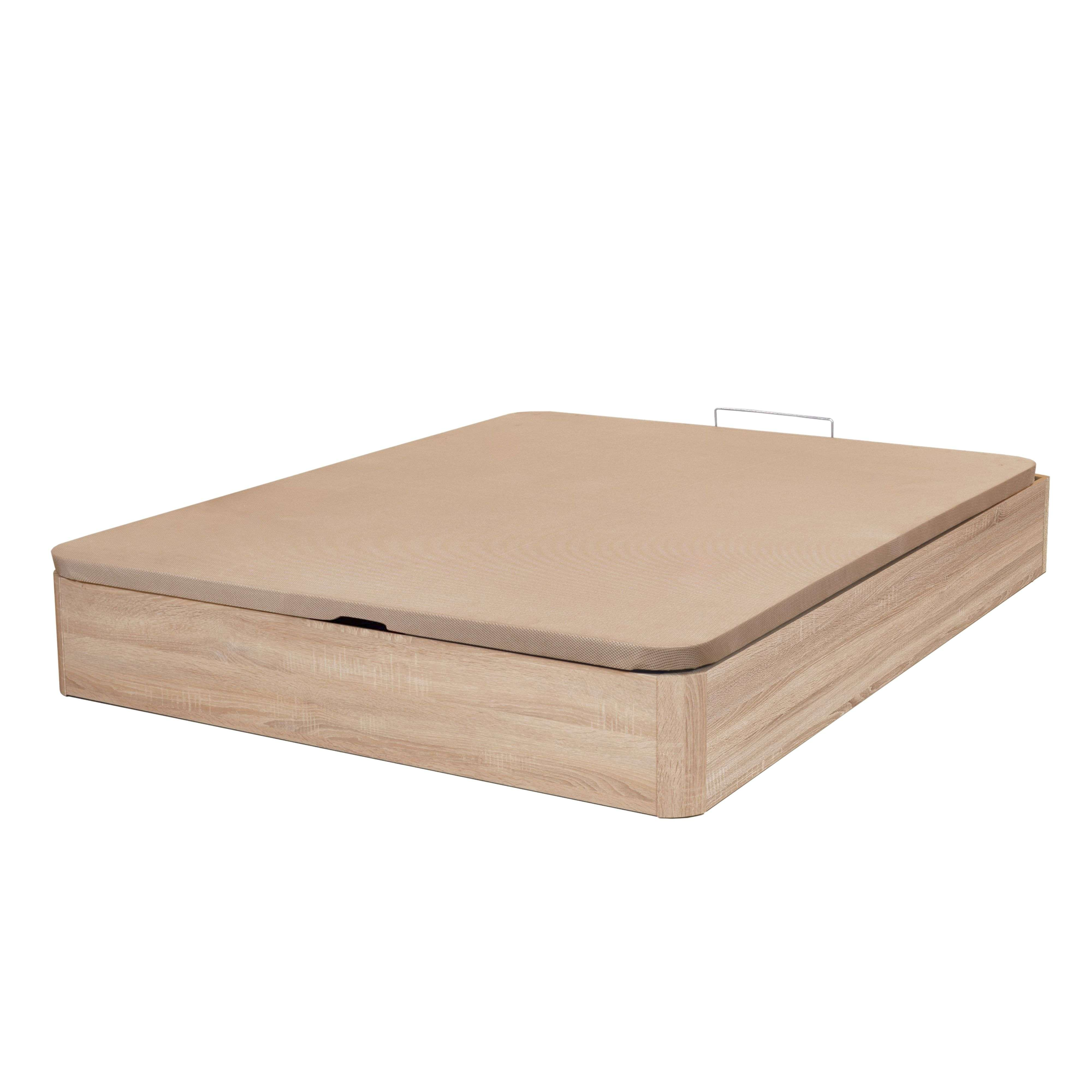 Un canapé de madera con tapa tapizada beige y un asa plateada.